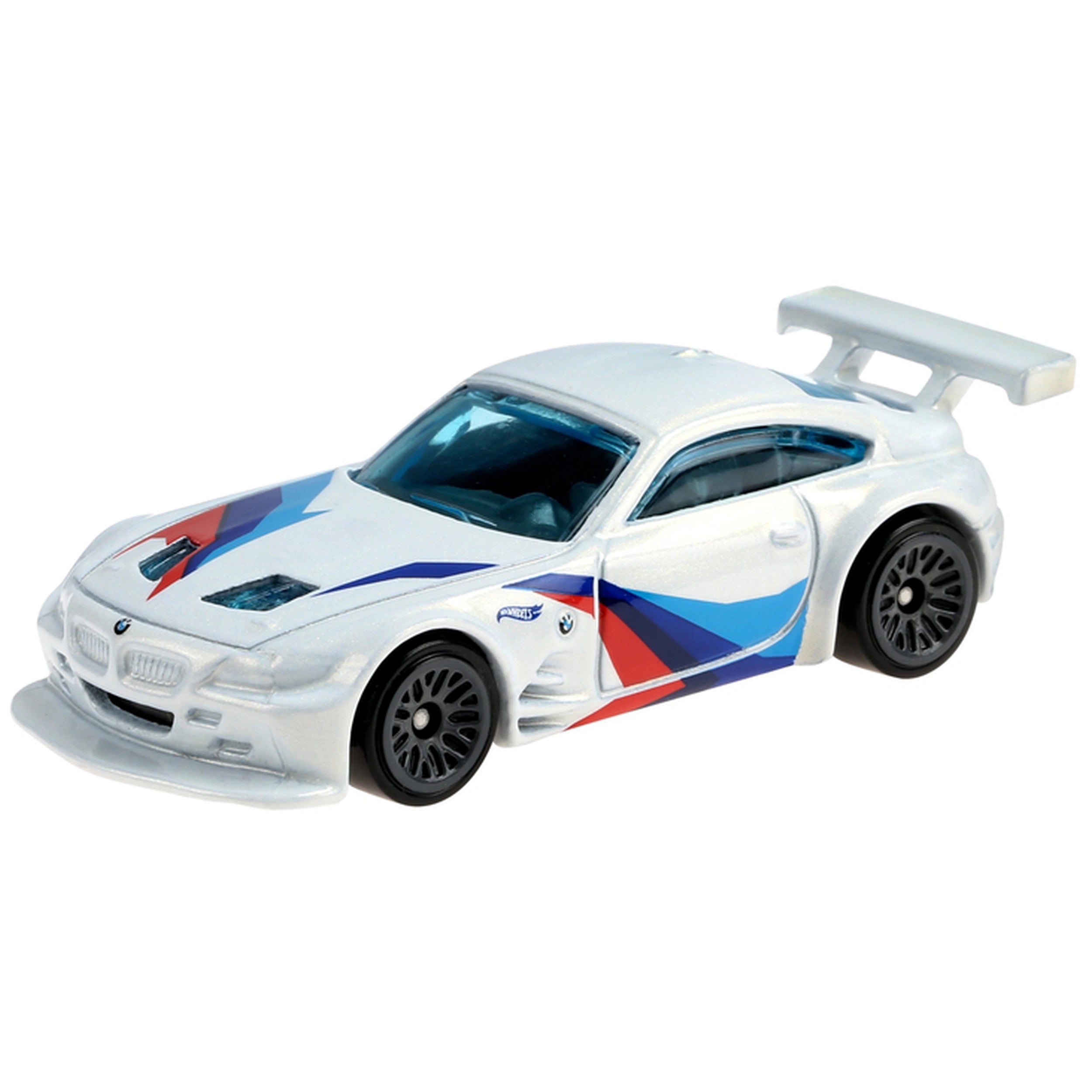 Hot Wheels HW Racing Track vehicle in glossy white with red and blue stripes, featuring matte black components and transparen