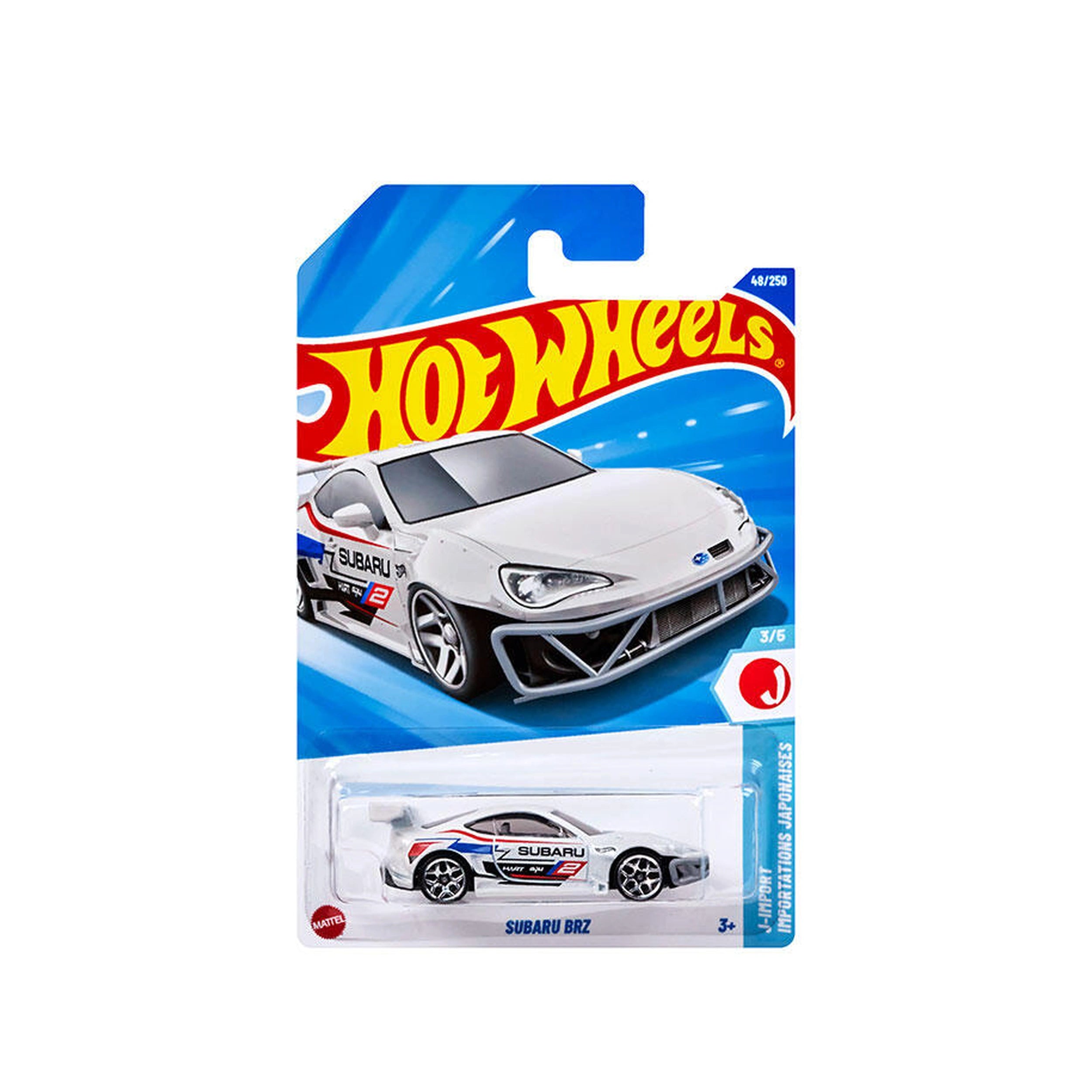 Hot Wheels Subaru BRZ 1:64 die-cast vehicle in glossy blue packaging with yellow and red text, featuring a white car with str