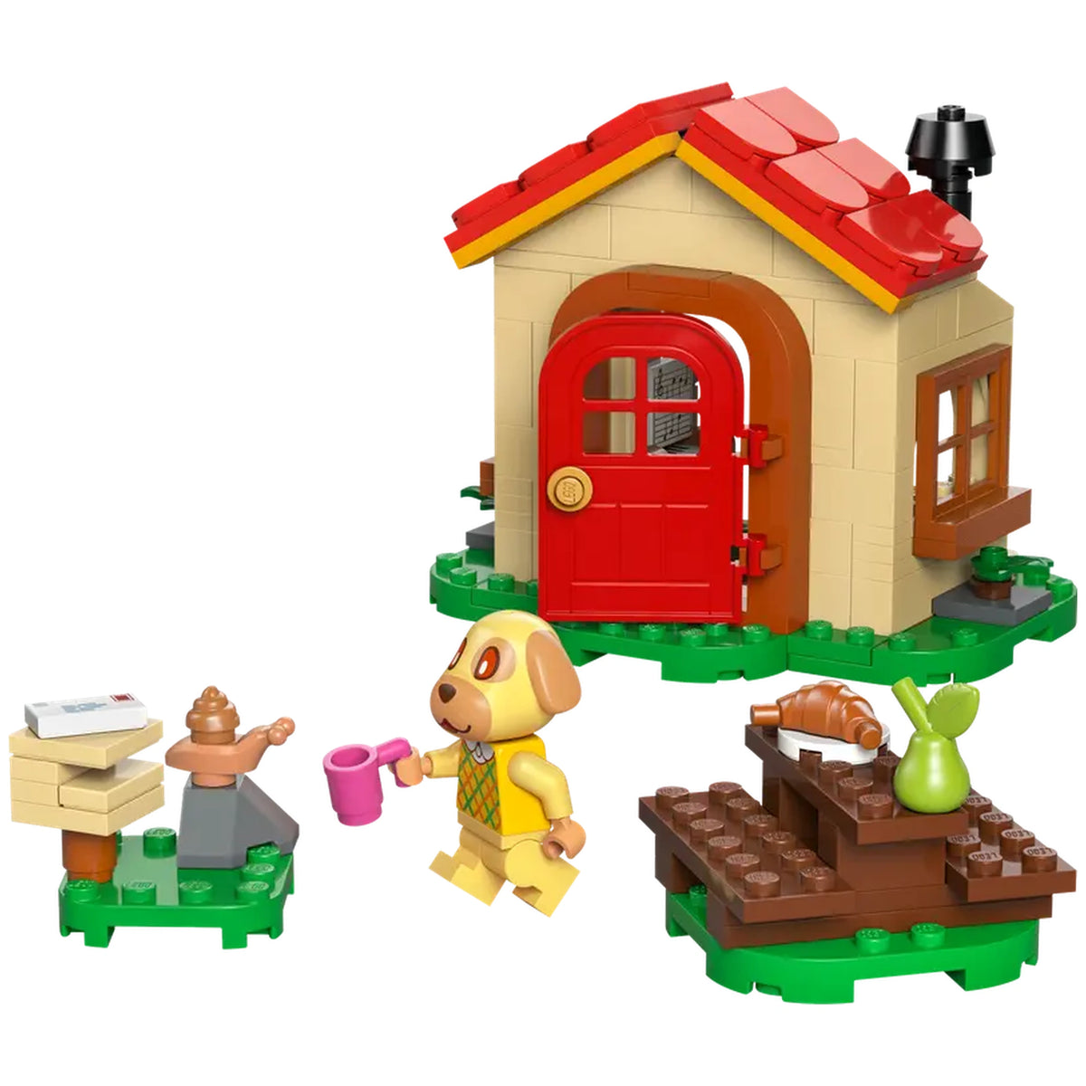 LEGO Goldie's Cozy House features a colorful dog minifigure holding a pink cup, next to a charming red-roofed house with a cozy outdoor picnic table.