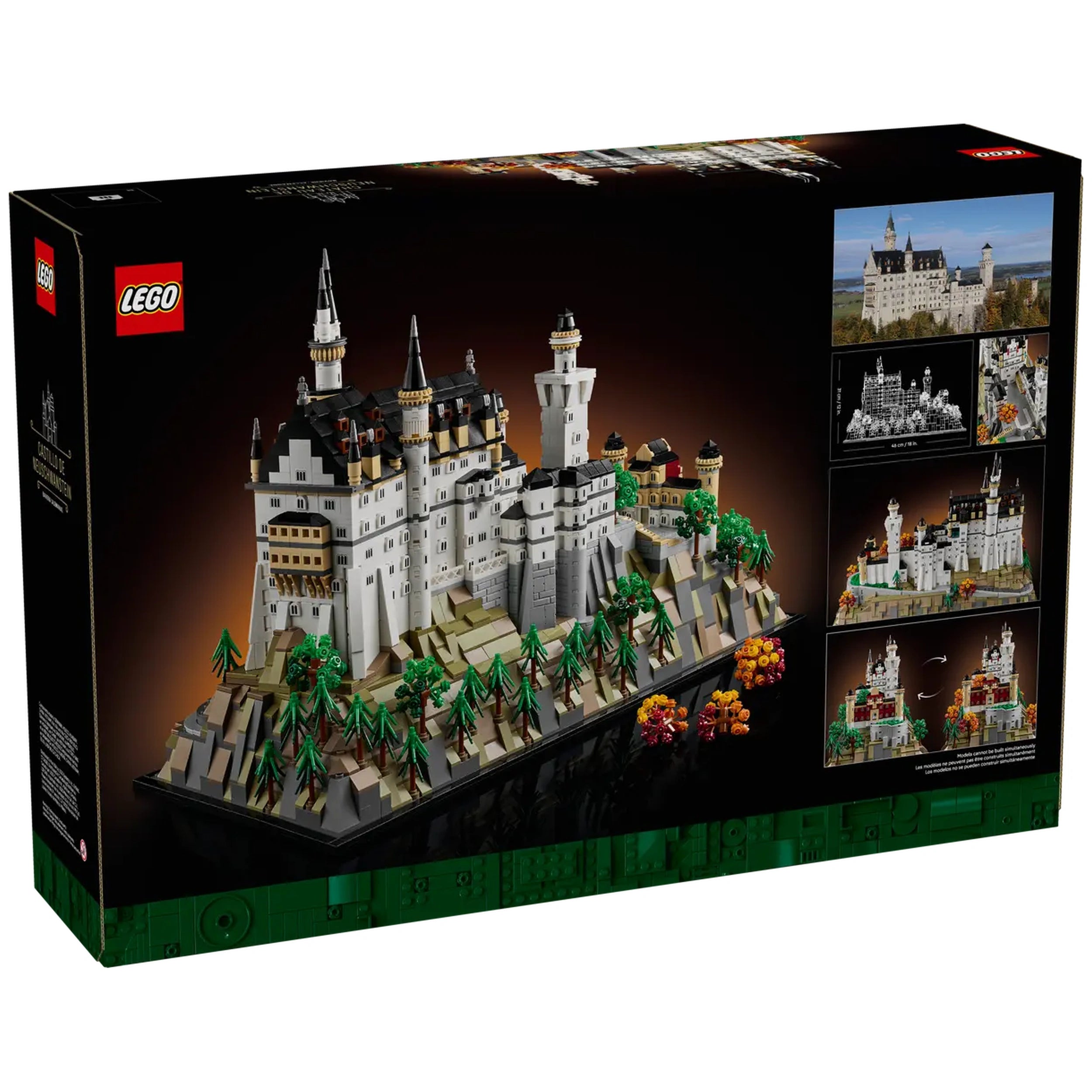 LEGO Architecture Neuschwanstein Castle set, featuring detailed spires, turrets, and surrounding greenery, displayed on a dark backdrop.