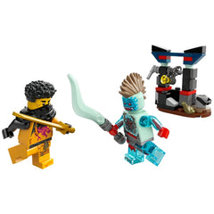 Two LEGO minifigures, Arin in orange and black with a sword, and a blue Spectral Dragonian wielding a translucent weapon, face off in a dynamic battle. A detailed playset with a moving winch is visible in the background.