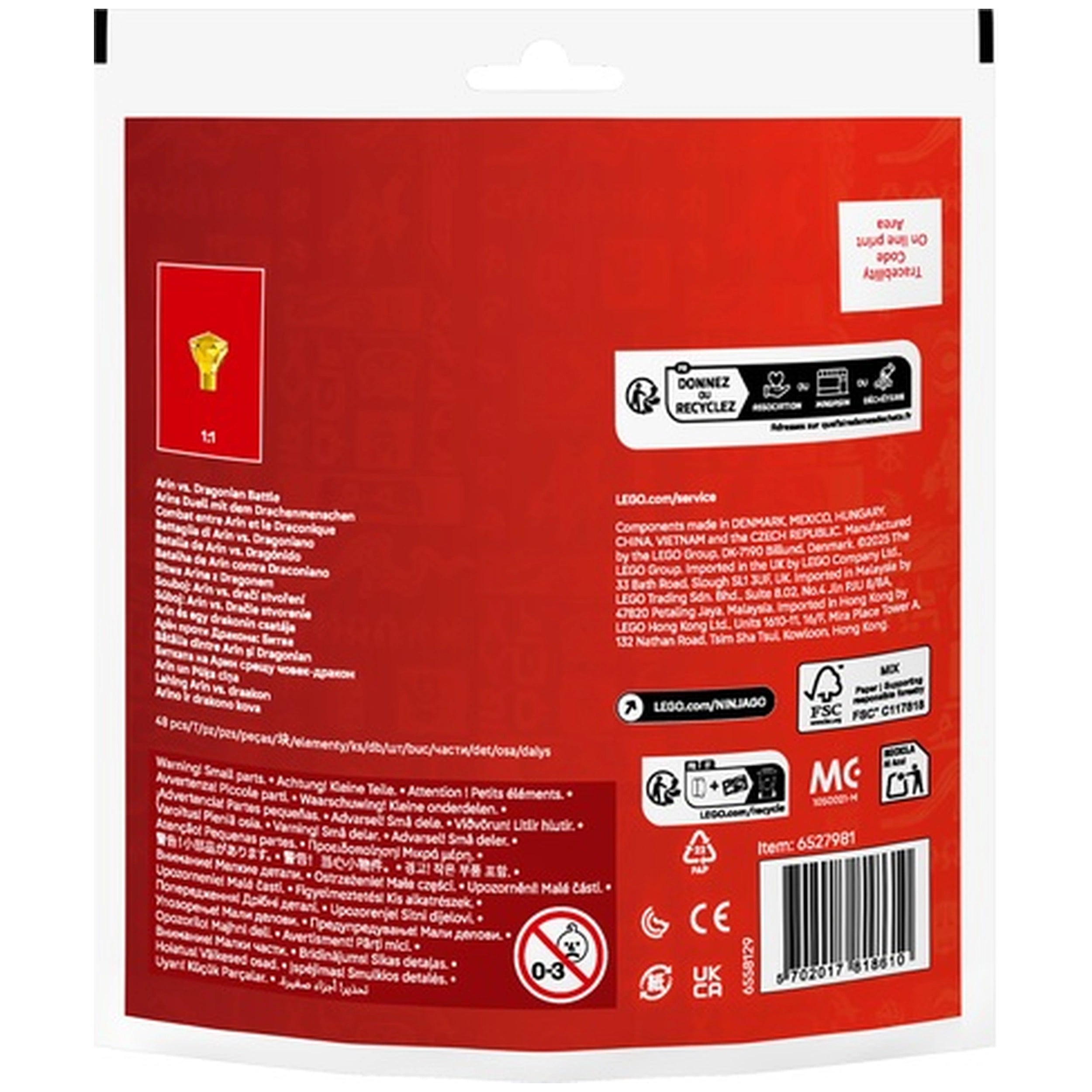 Red packaging of the LEGO Arin VS Dragonian Battle set, featuring product details, multilingual text, and barcodes.