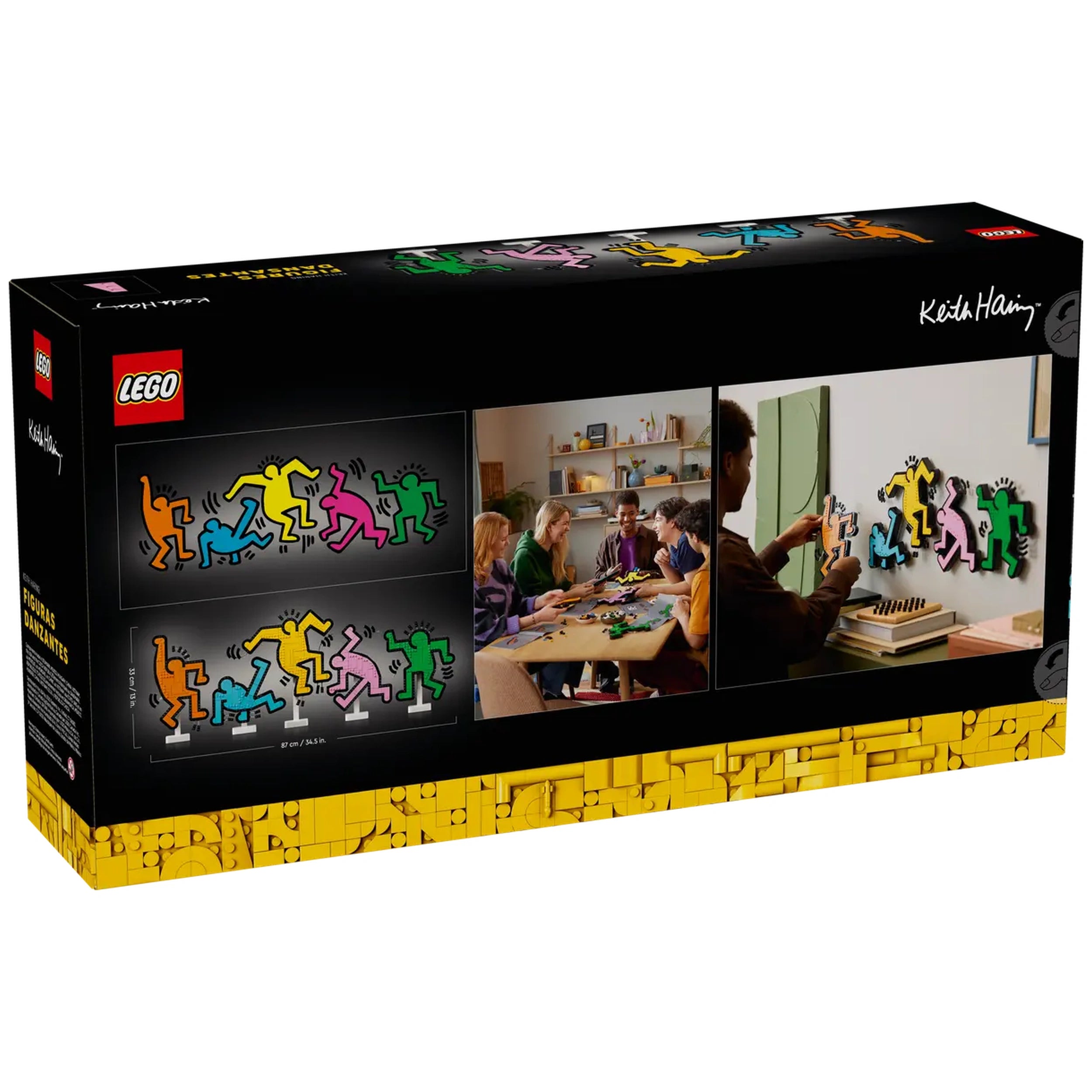 LEGO Art Keith Haring Dancing Figures box featuring vibrant motifs on the front and a scene of friends building together on the side.
