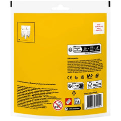 White LEGO element displayed on a vibrant yellow packaging background, featuring product information and recycling symbols.