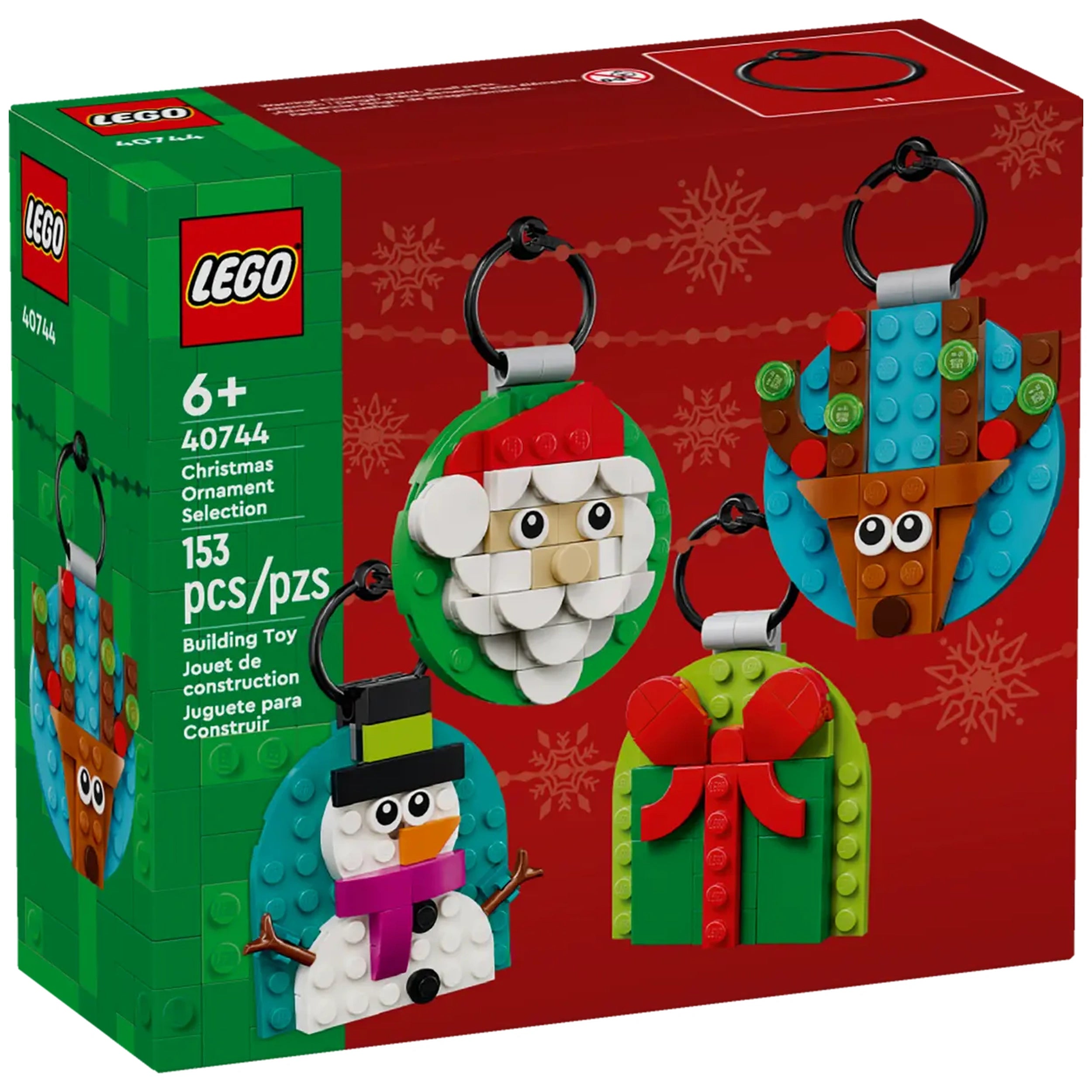 LEGO Christmas Ornament Selection (40744) box featuring four colorful ornaments: a Santa Claus, snowman, reindeer, and gift, all set against a festive red background.