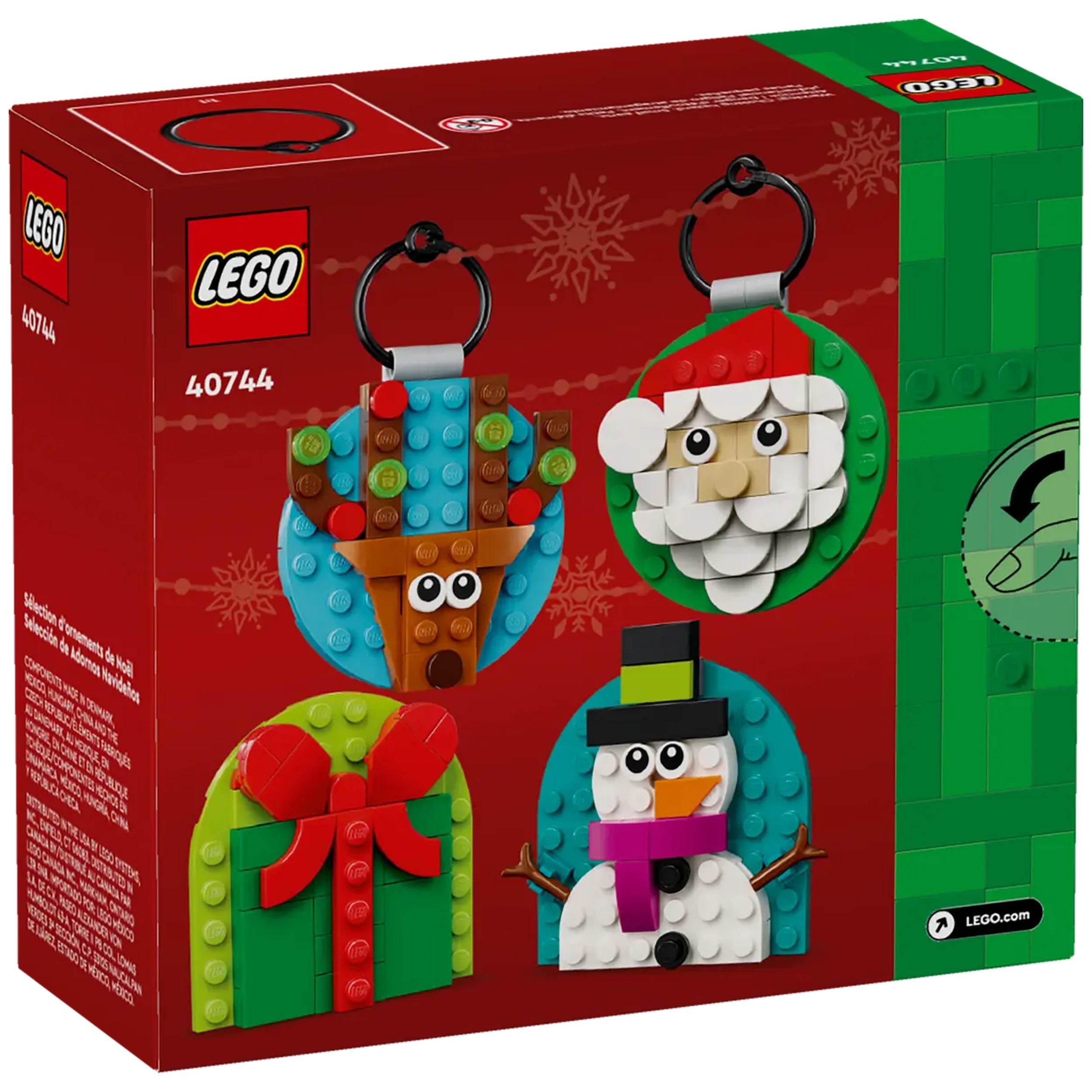 LEGO® Christmas Ornament Selection set featuring four vibrant ornaments: a reindeer, Santa Claus, a snowman, and a gift with a red bow.