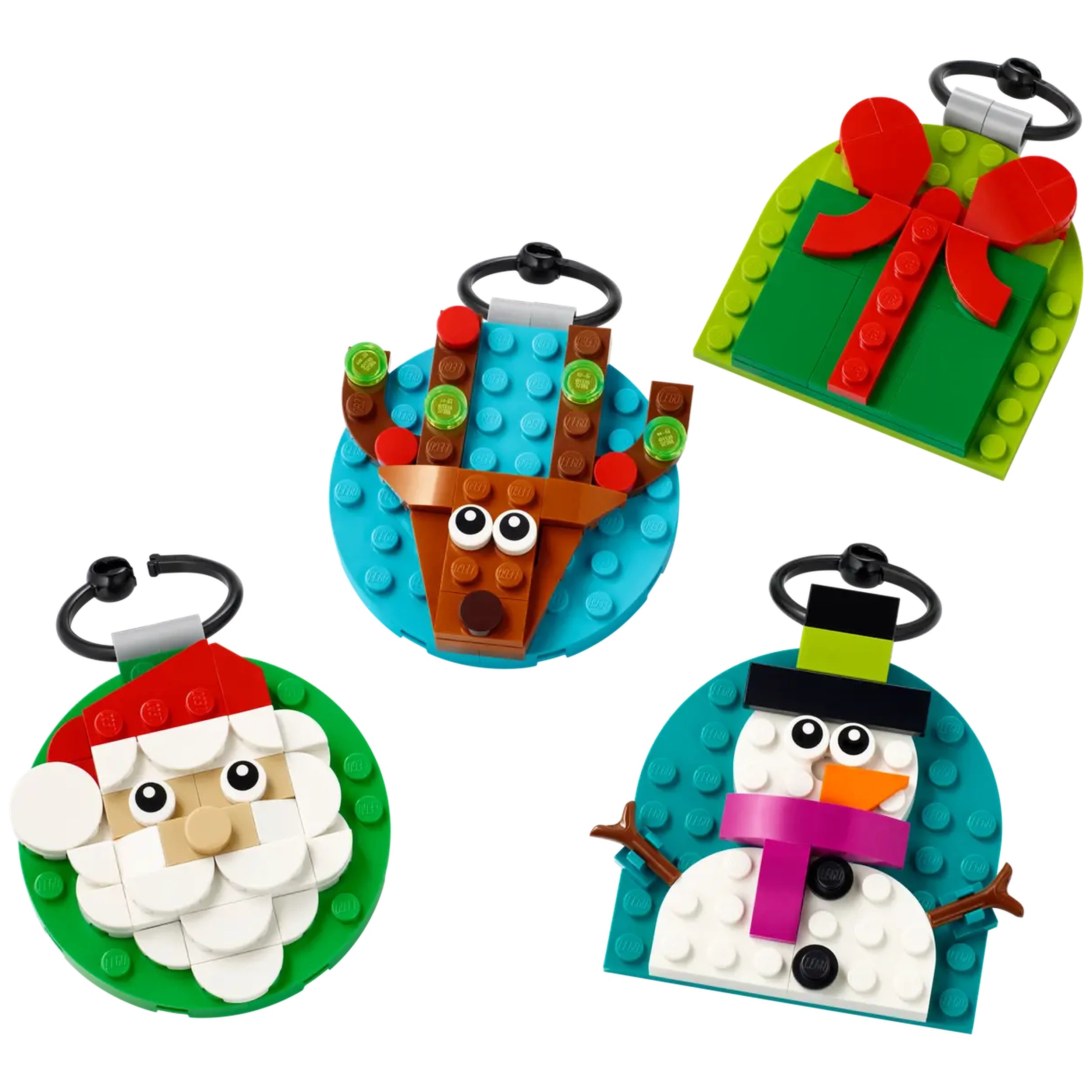 Colorful LEGO® Christmas ornaments featuring a Santa face, a reindeer, a snowman, and a wrapped gift with a red bow.
