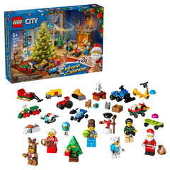 LEGO City Advent Calendar 2025 features 24 festive mini builds, including characters like Santa, a reindeer, and a polar bear, surrounded by Christmas-themed accessories. The vibrant packaging displays a decorated holiday scene with a Christmas tree and cozy fireplace.