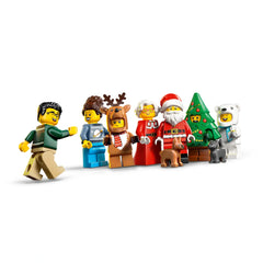 A joyful LEGO® scene featuring eight festive mini figures, including Santa Claus, a reindeer, and a child in a sweater. The characters are surrounded by holiday elements, with a playful dog and a Christmas tree, all set against a clean white background.