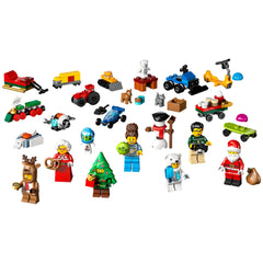 Colorful LEGO® City Advent Calendar 2025 set includes festive mini figures, including Santa, reindeer, and a Christmas tree, alongside playful builds like a sleigh and vehicles, perfect for imaginative holiday fun.