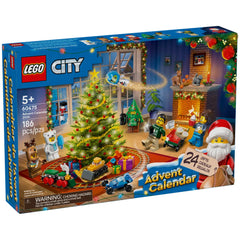 LEGO City Advent Calendar 2025 box featuring a festive scene with a decorated Christmas tree, cheerful characters, and gifts.