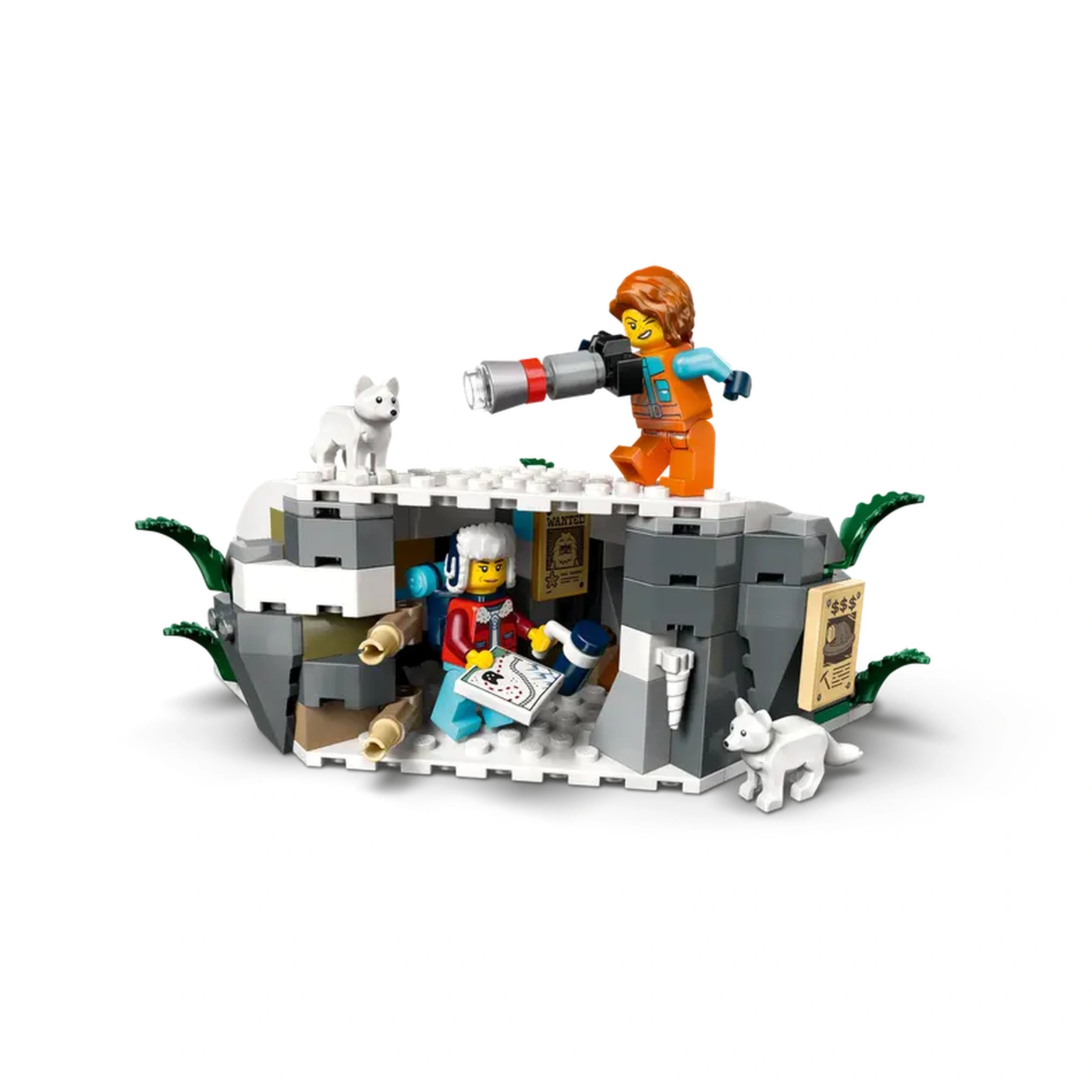 LEGO Arctic Polar Express Train set with two figures, one exploring a snowy cave with a map, while the other uses a flashlight; a small white dog nearby.