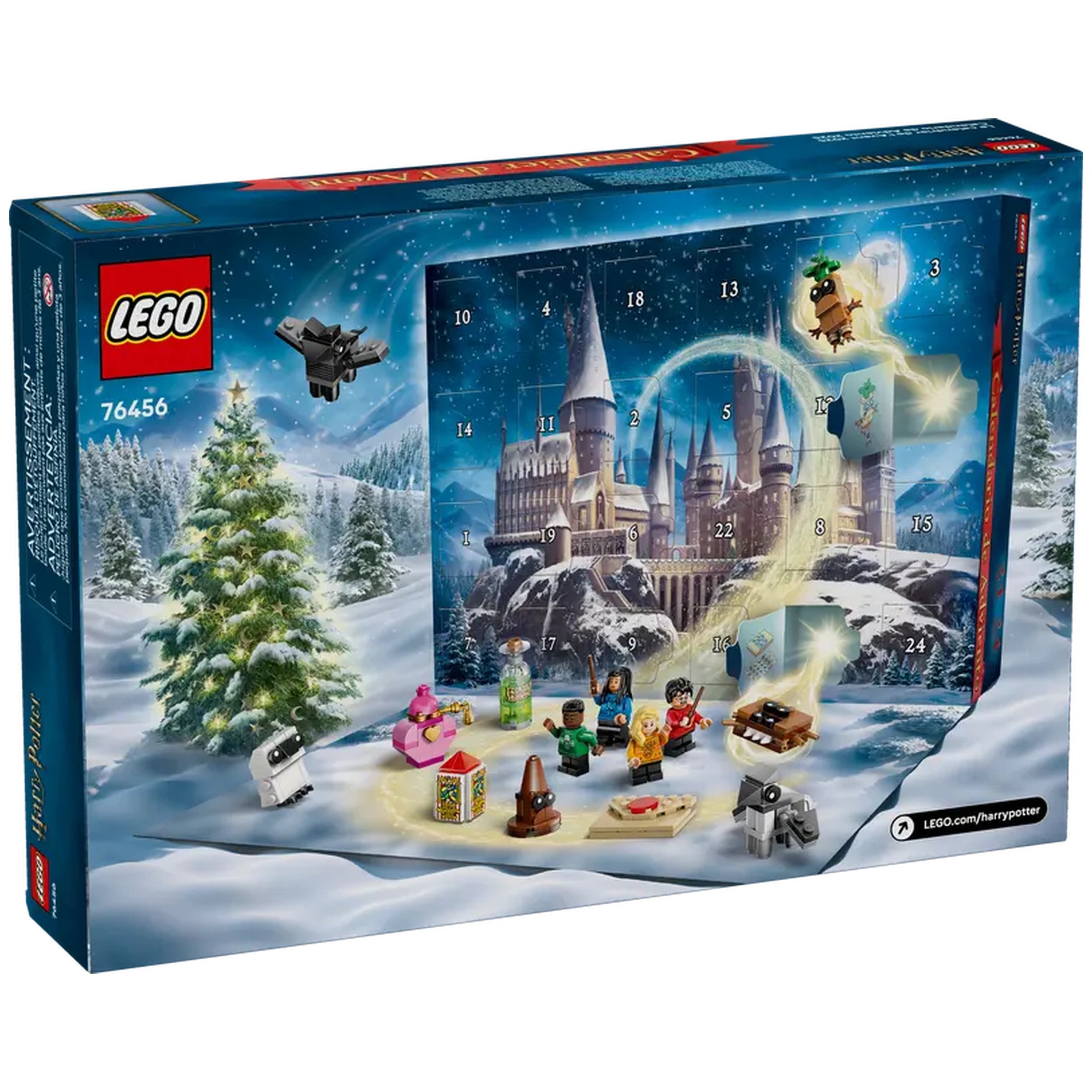 LEGO Harry Potter Advent Calendar 2025 box showcases a winter scene with Hogwarts castle and a snow-covered tree, featuring 8 colorful minifigures and 6 buildable figures laid out in front.