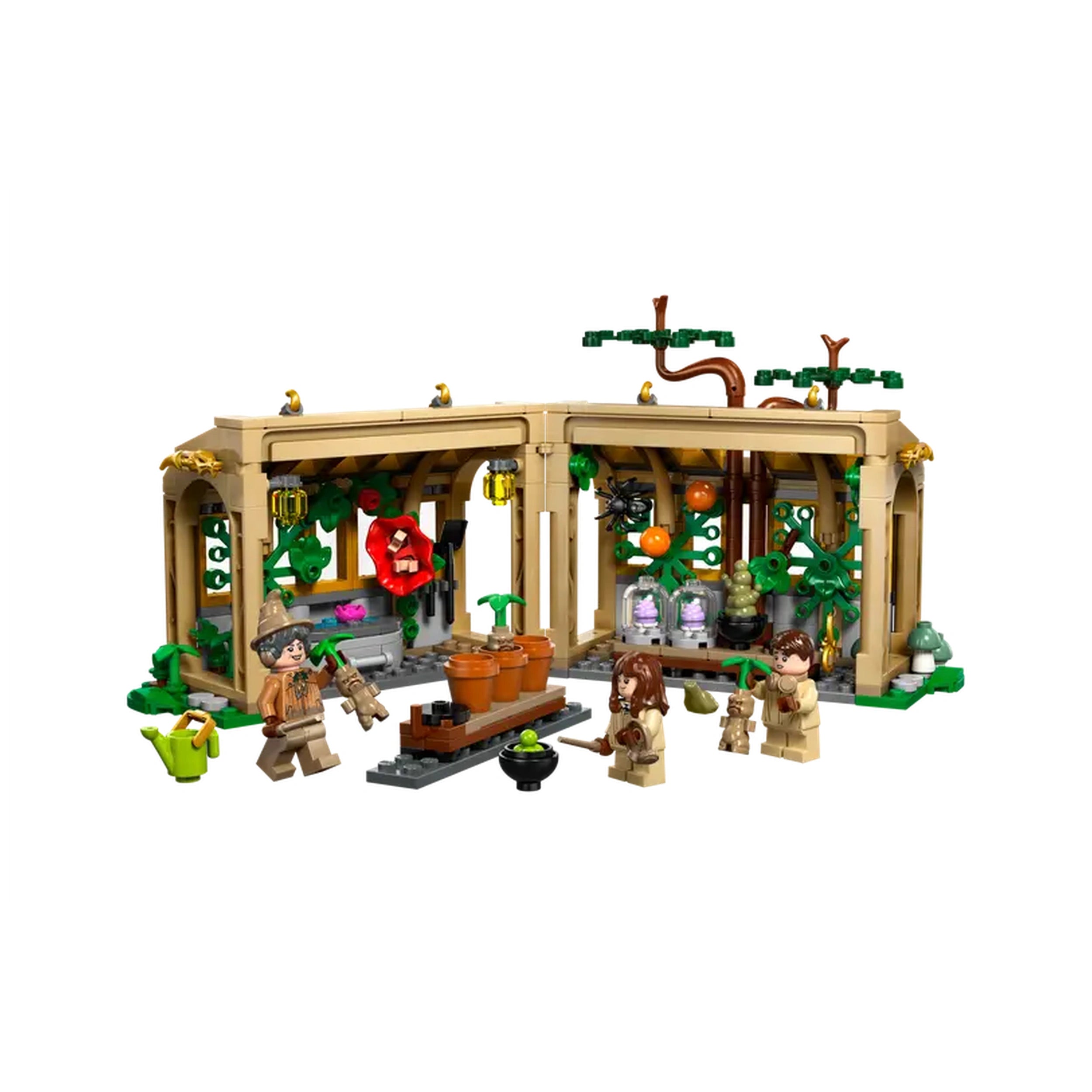 Hogwarts™ Castle Herbology Class LEGO set featuring a greenhouse with magical plants, tables with pots, and three minifigures.
