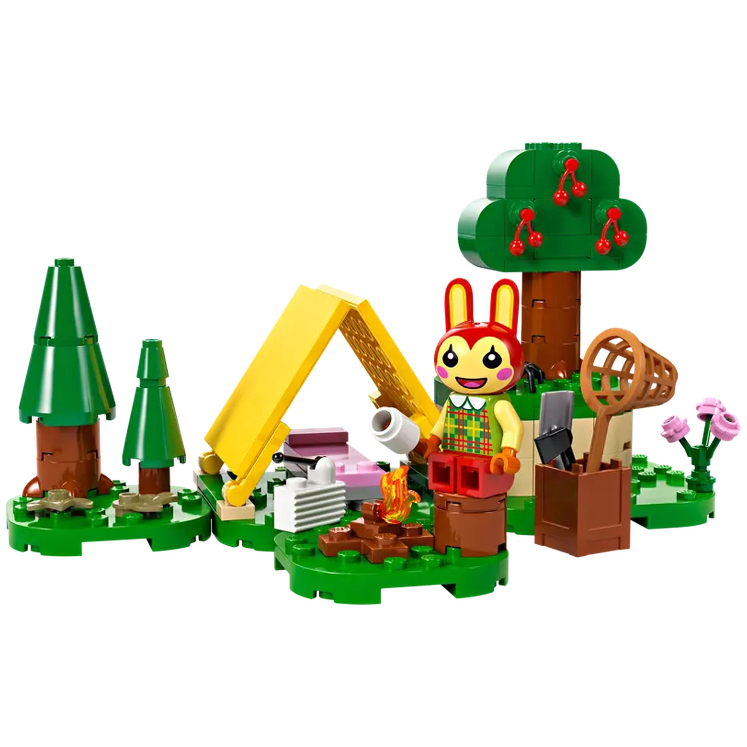 LEGO Animal Crossing Bunnie's Outdoor Activities set featuring a colorful campsite, a yellow tent, and a Bunnie minifigure with accessories.