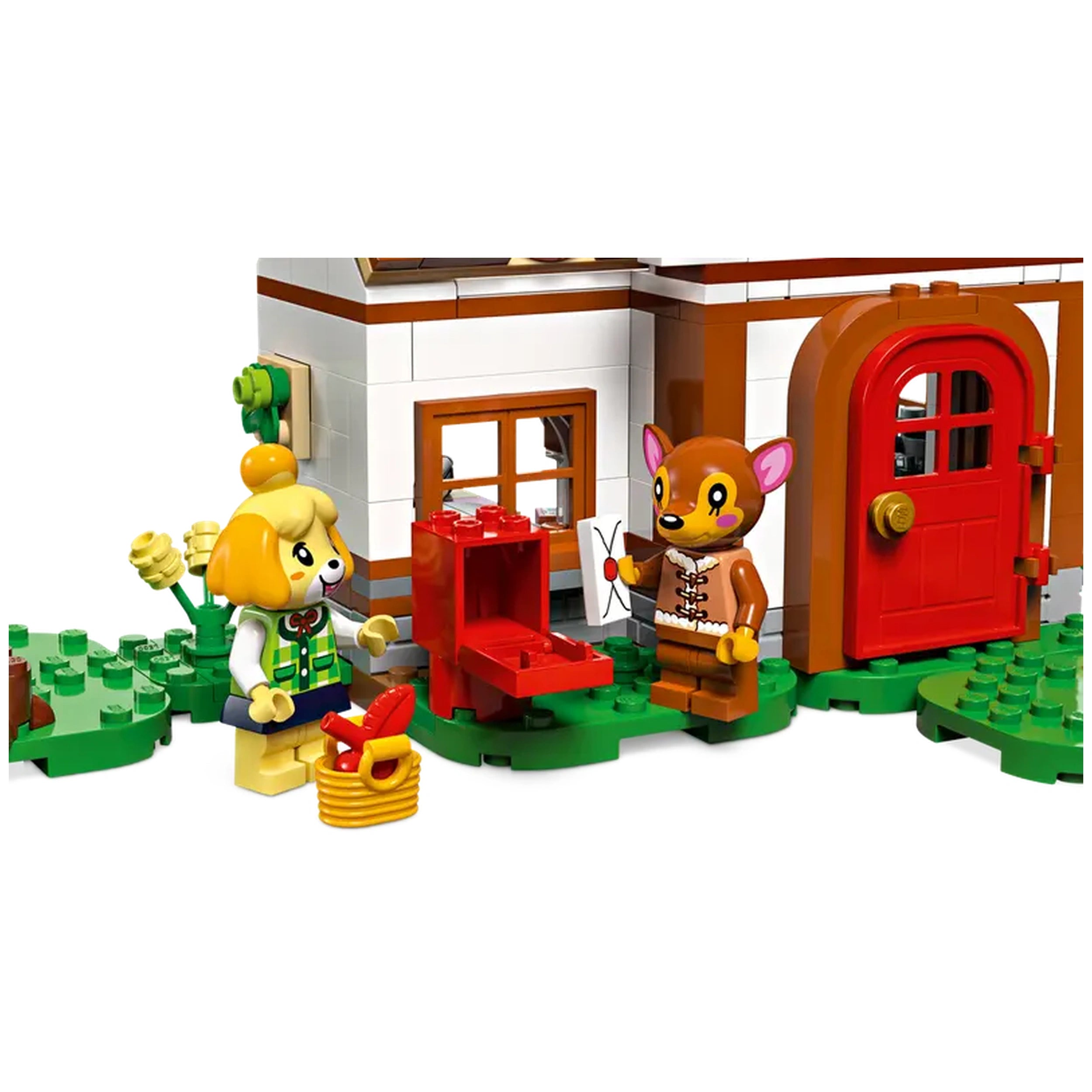 Isabelle and Fauna, two LEGO minifigures, stand outside a charming, brown-and-white house, surrounded by green grass and yellow flowers. Isabelle sits on the ground next to a small red delivery box, while Fauna, holding a piece of paper, gestures excitedly. The house features a bright red door and windows, reflecting the whimsical style of the Animal Crossing world.