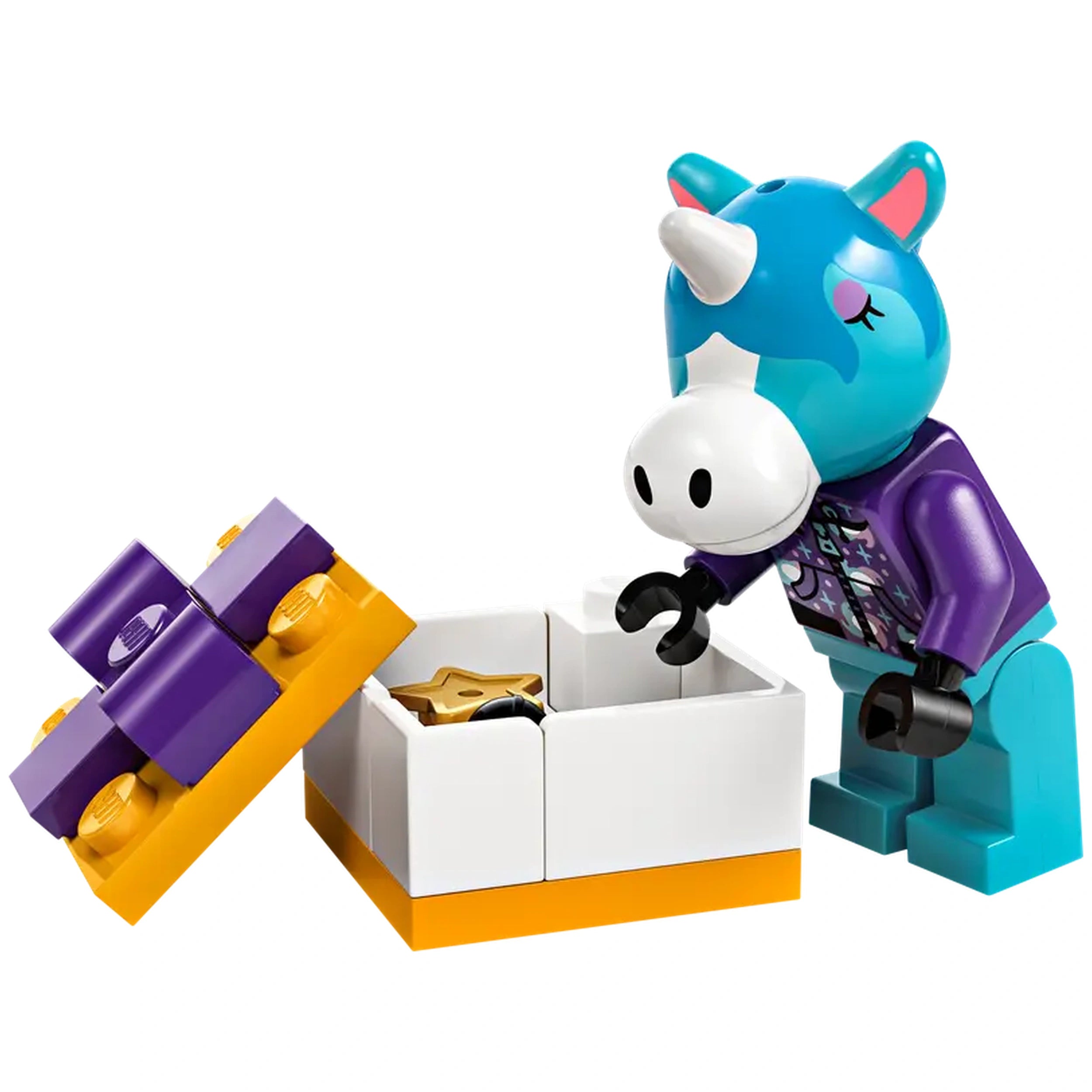 A blue unicorn character from LEGO® Animal Crossing™ leans over a colorful gift box, revealing a golden star inside, ready for Julian's birthday party.