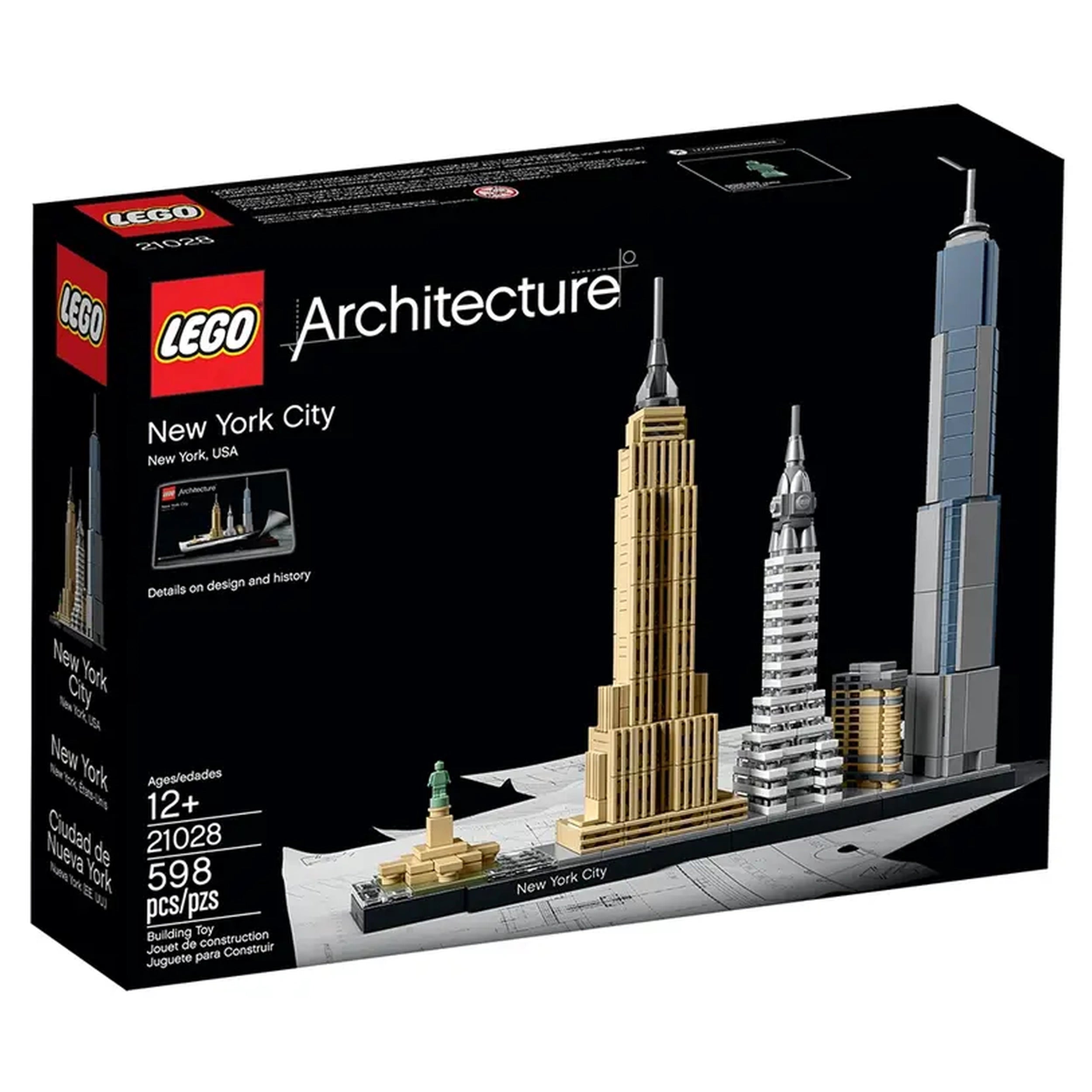 LEGO Architecture New York City set featuring iconic skyscrapers including the Empire State Building and One World Trade Center, displayed on a black background.