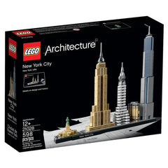 LEGO Architecture New York City set featuring iconic skyscrapers including the Empire State Building and One World Trade Center, displayed on a black background.
