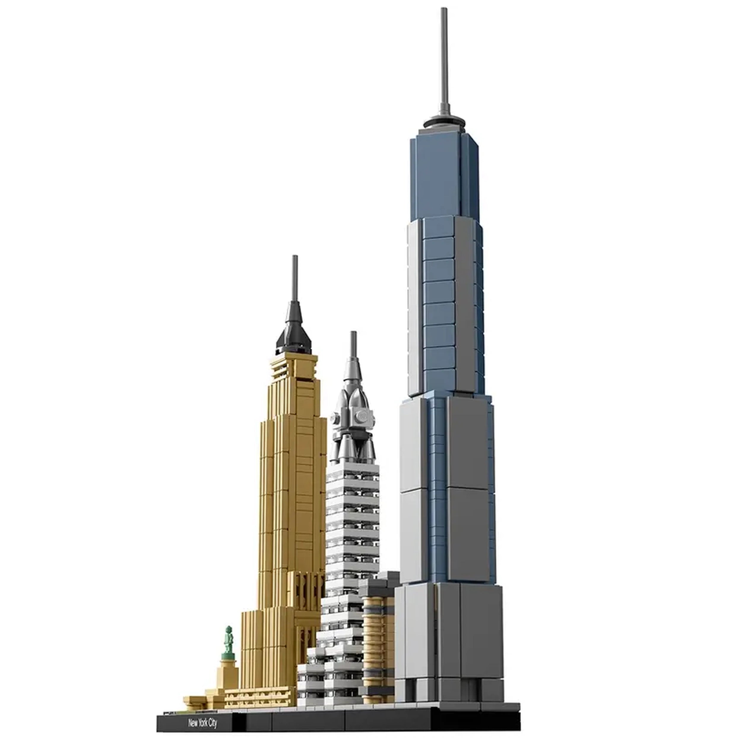 Lego Architecture set featuring iconic New York City skyscrapers: Empire State Building, Chrysler Building, and One World Trade Center against a white background.