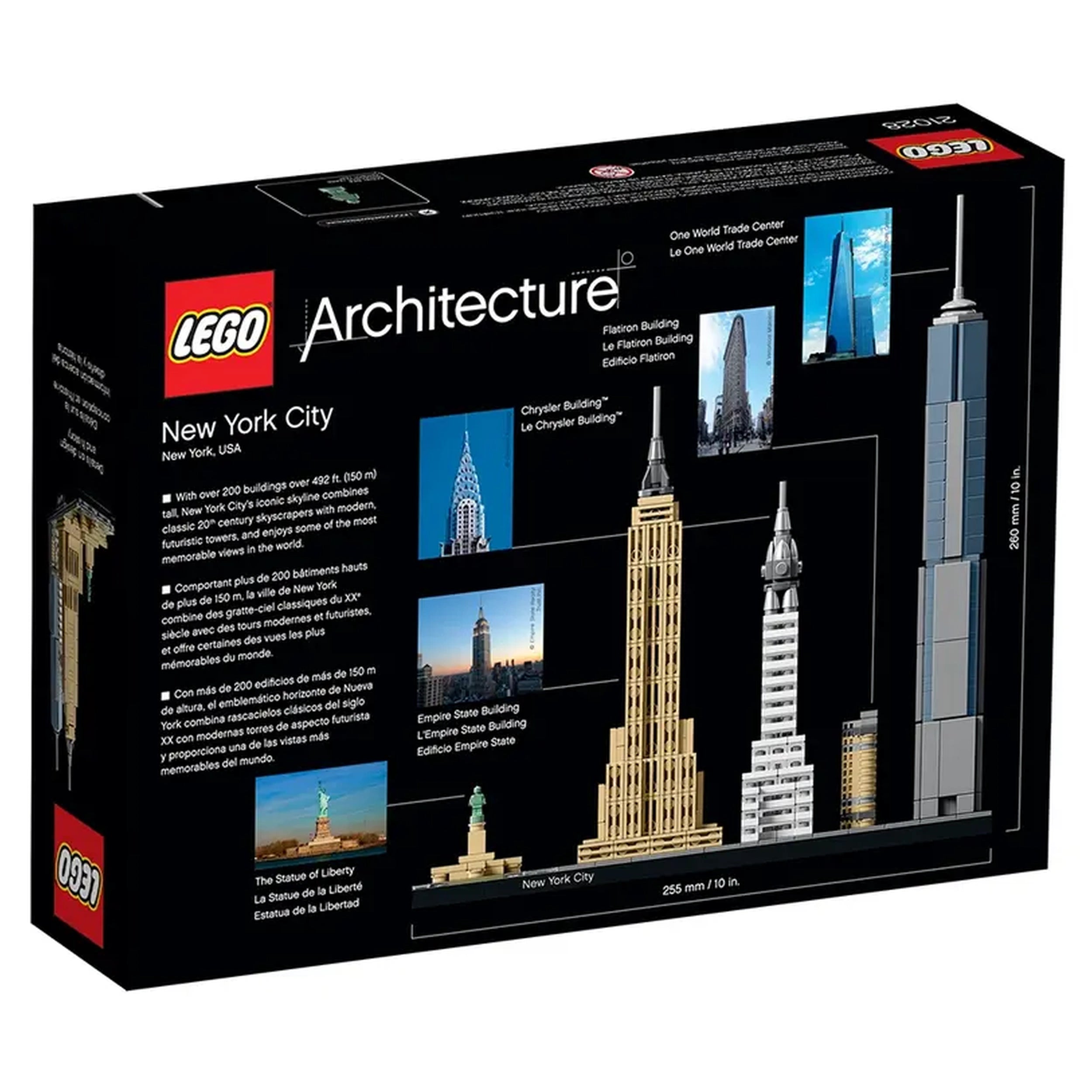 LEGO Architecture New York City set box, featuring detailed images of famous landmarks like the Empire State Building and Chrysler Building.