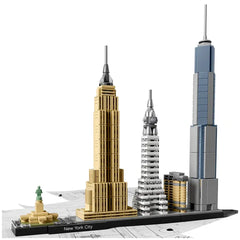 LEGO Architecture model of New York City featuring the Empire State Building, Chrysler Building, One World Trade Center, and Statue of Liberty, showcased on a black base with "New York City" engraved.