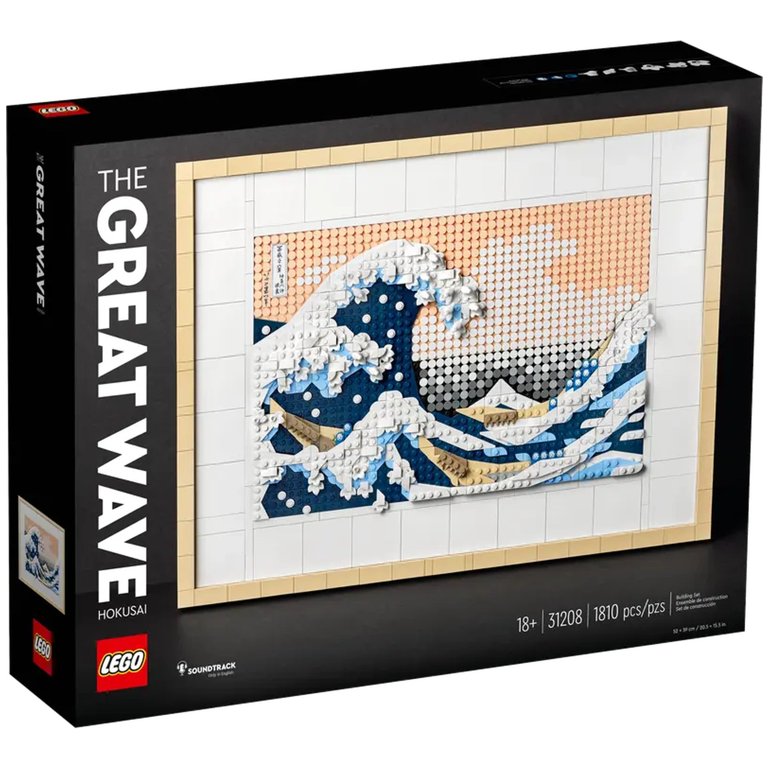 LEGO® Art set featuring Hokusai's The Great Wave, with intricate waves and mountains in blue and white, framed against a peach sky.