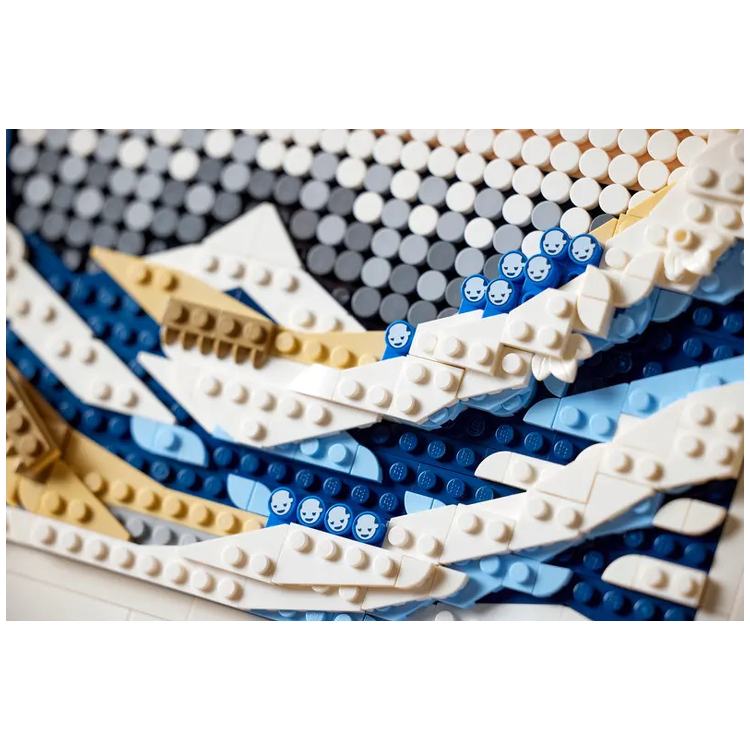 LEGO® Art construction set featuring Hokusai’s The Great Wave, showcasing intricate blue and white waves with textured pieces and subtle shades.