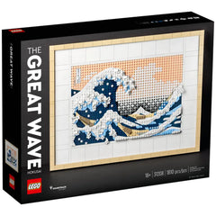 LEGO® Art set featuring Hokusai's The Great Wave, with intricate waves and mountains in blue and white, framed against a peach sky.