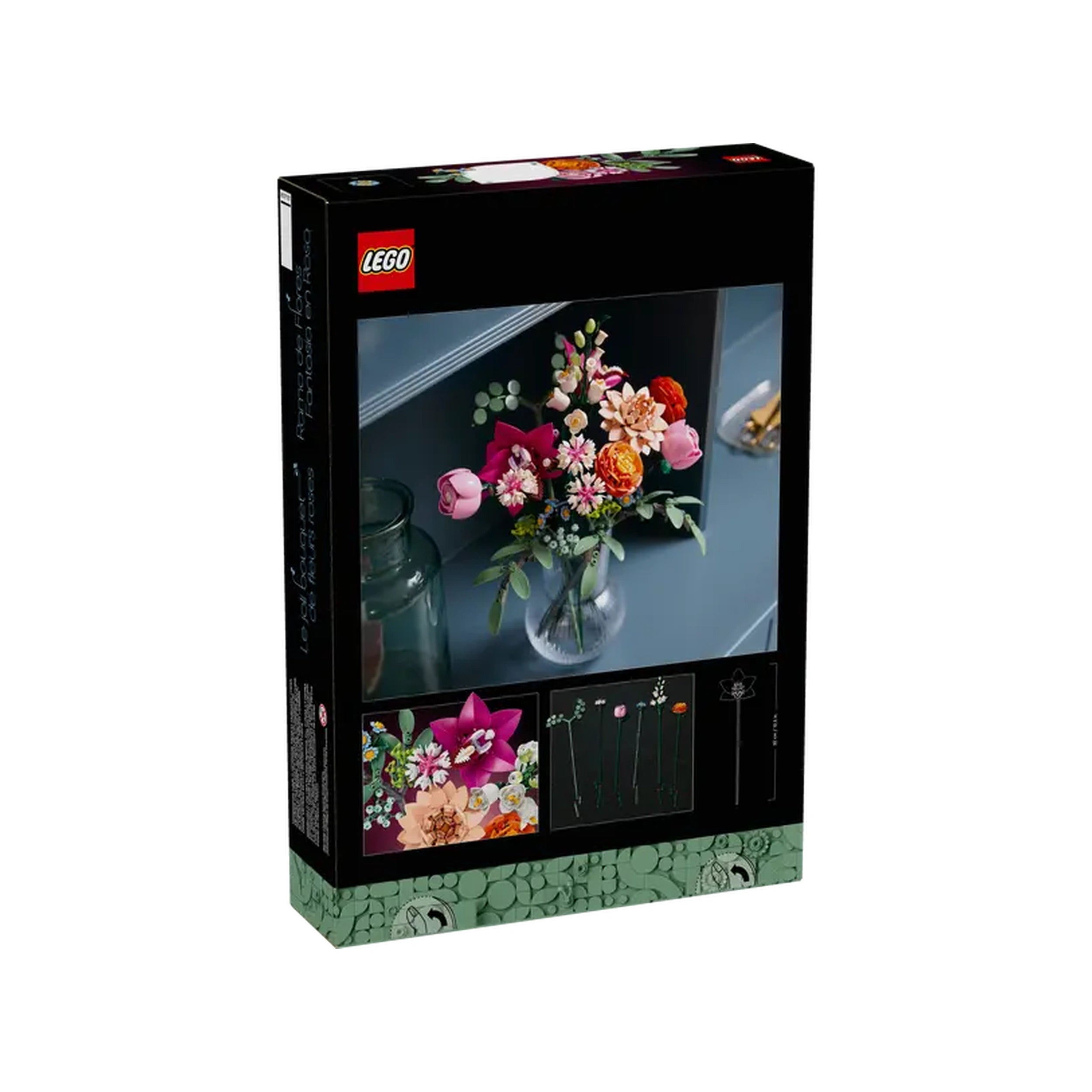LEGO® Botanicals Pretty Pink Flower Bouquet construction set box features a vibrant floral arrangement with pink, orange, and white flowers in a glass vase, set against a soft blue background.