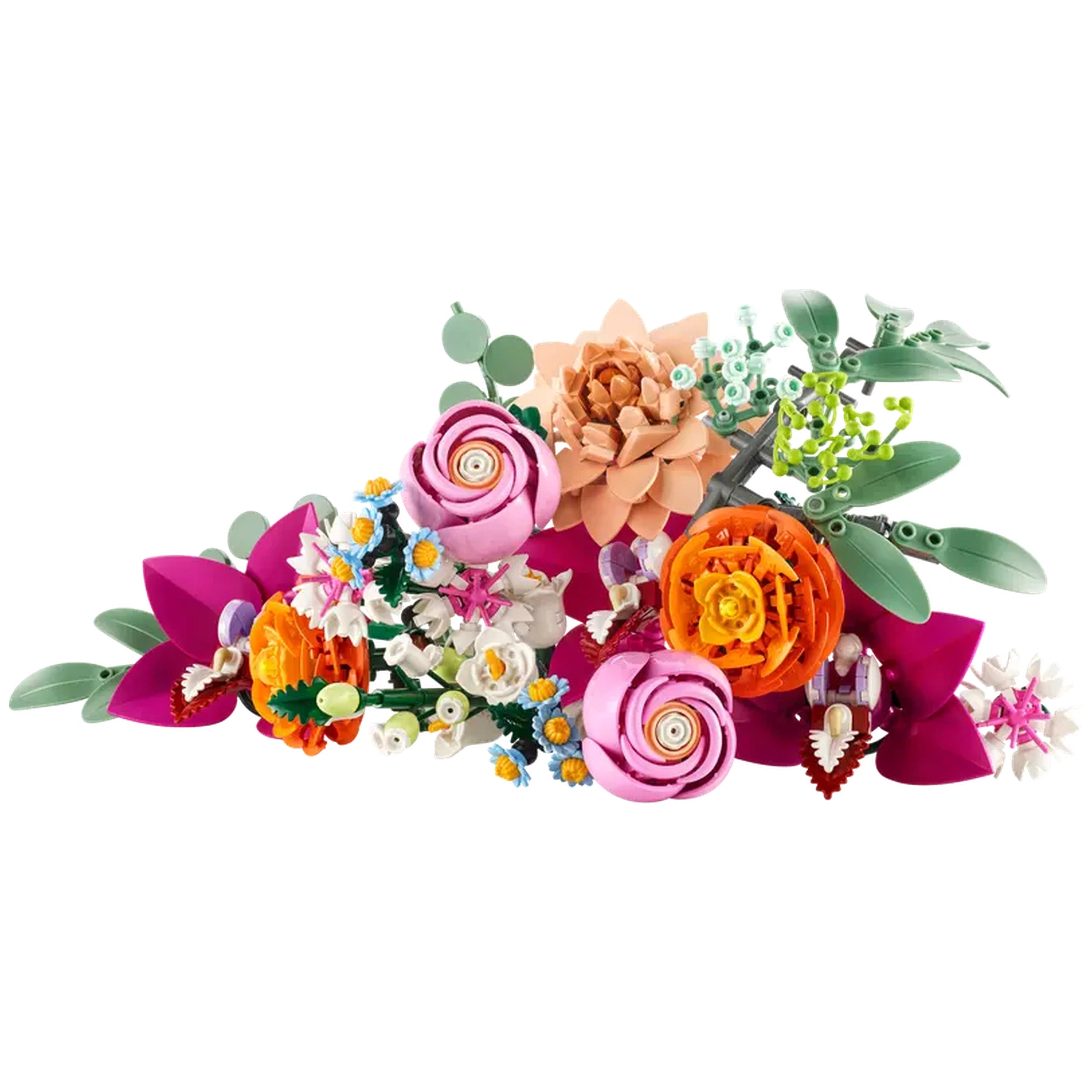 Colorful arrangement of LEGO® flowers, featuring pink roses, orange ranunculus, purple orchids, and green eucalyptus leaves, designed for crafting.