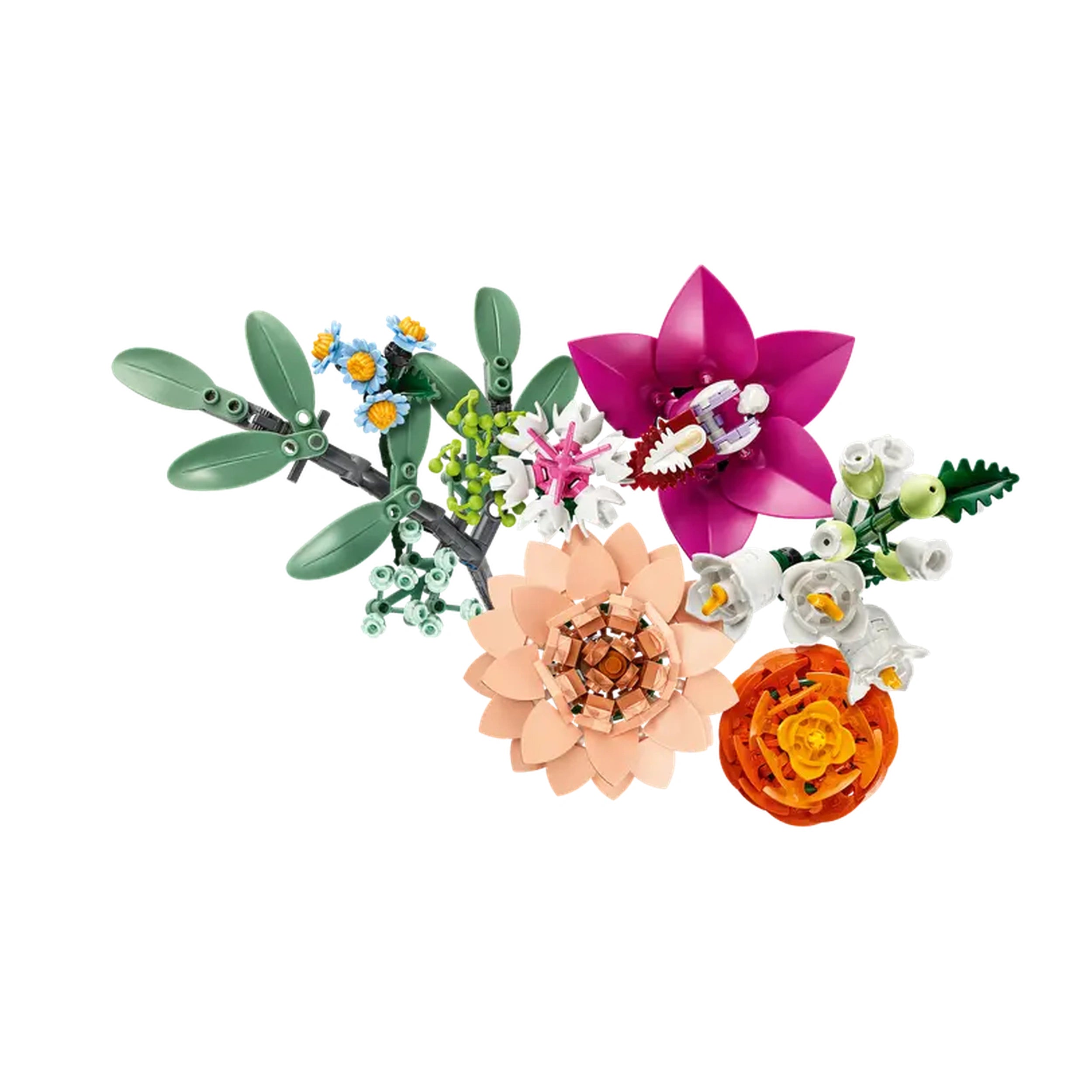 Colorful LEGO® Botanicals flower bouquet featuring pink orchids, orange flowers, and green foliage, arranged artistically.