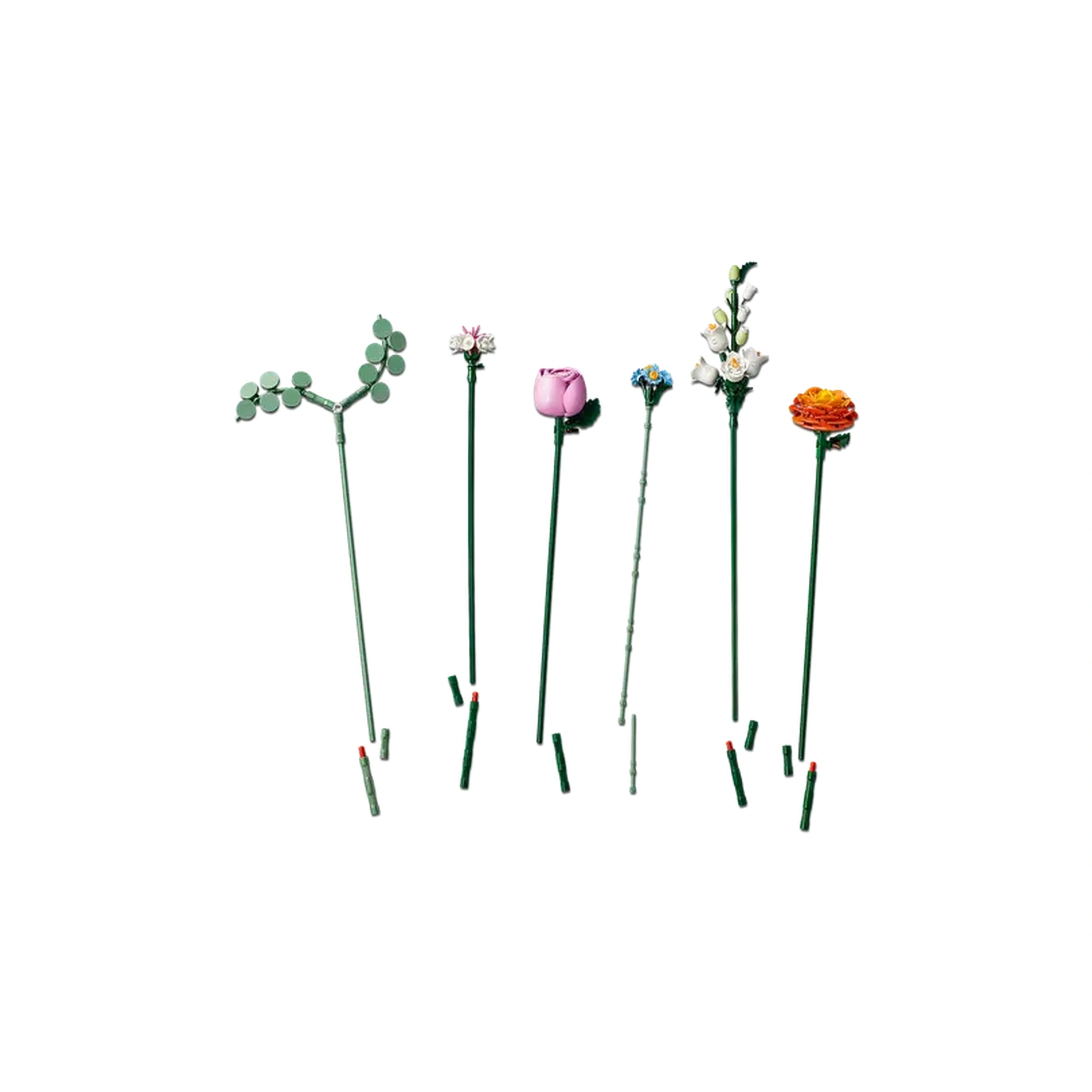 Colorful Lego flower stems including pink roses, daisies, cornflowers, eucalyptus, and ranunculus on green stems against a white background.