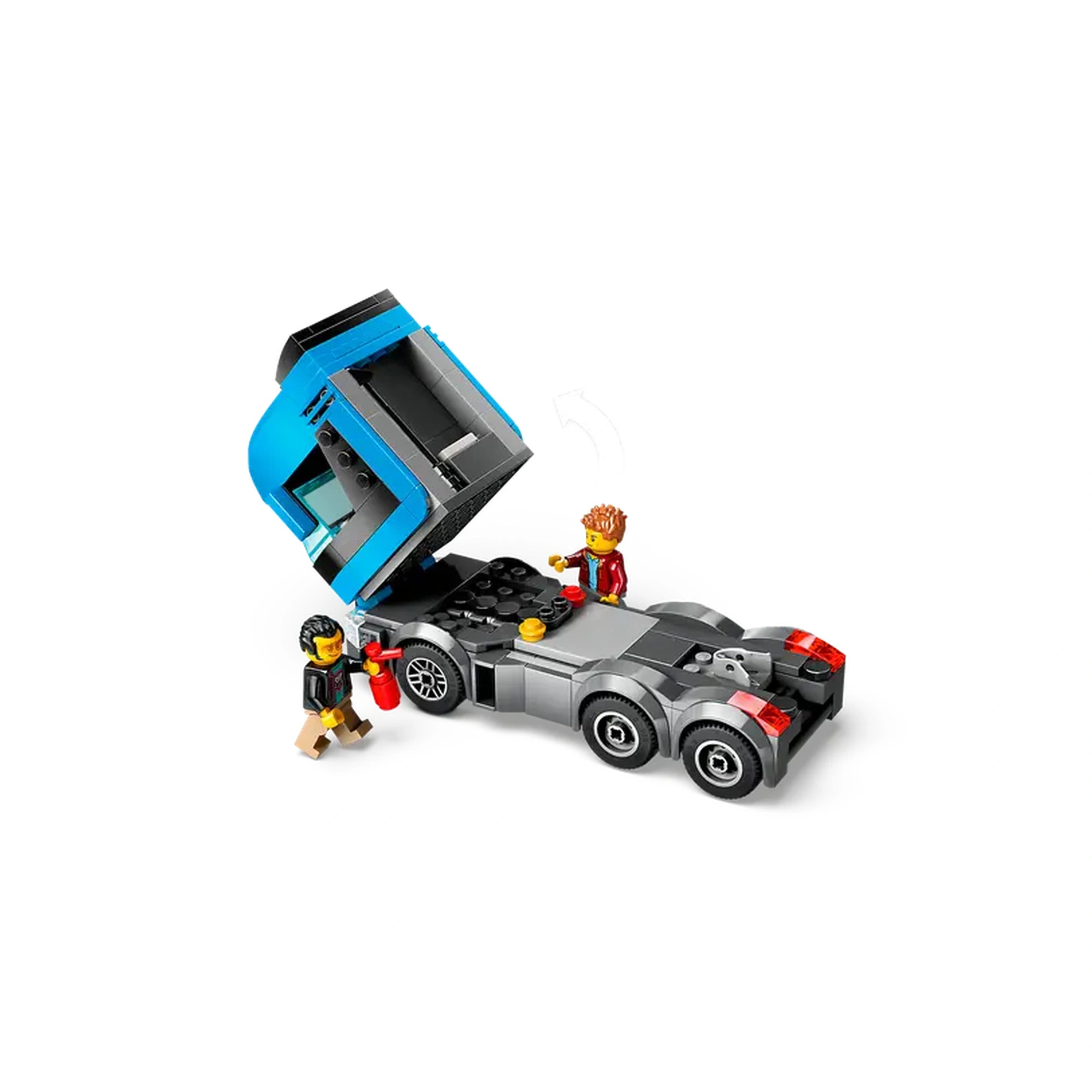 Two LEGO® minifigures next to a gray car transporter truck, with the cab tilted to reveal the engine. One minifigure holds a fire extinguisher.