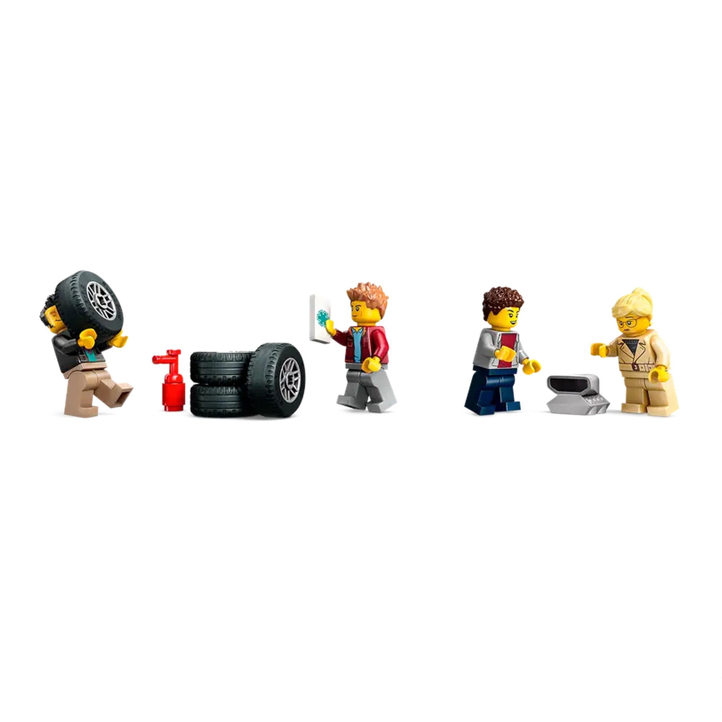Four LEGO® figures engaged in a car maintenance scene. One figure lifts a tire, while another holds a sign. Nearby, two figures examine a tool together. A red air pump is placed beside a stack of tires, adding to the automotive theme.