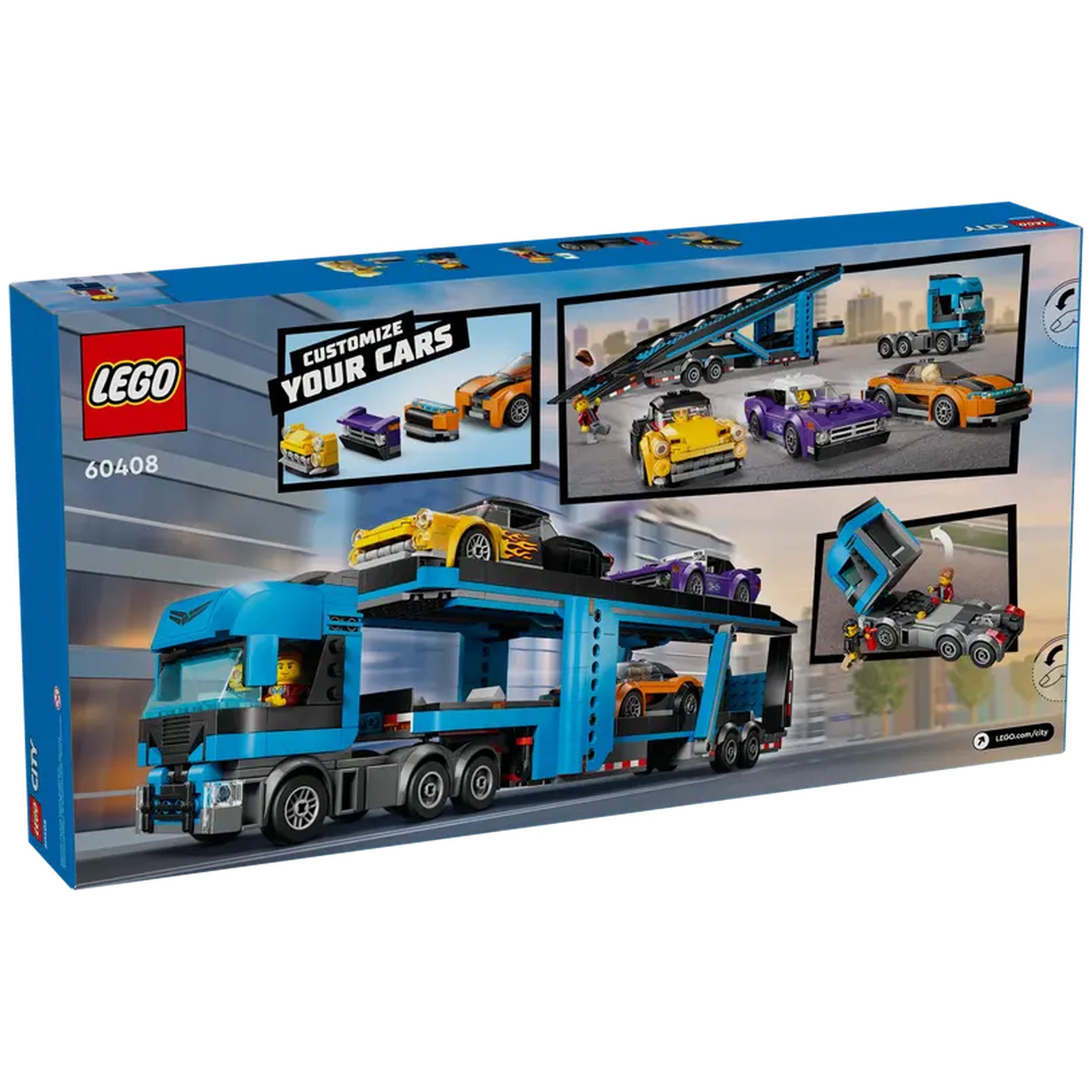 LEGO® City Car Transporter set (60408) featuring a blue truck with a detachable trailer. Three colorful sports cars are showcased, highlighting various styles and designs. The box includes images of the cars being loaded, emphasizing customizability and imaginative play.
