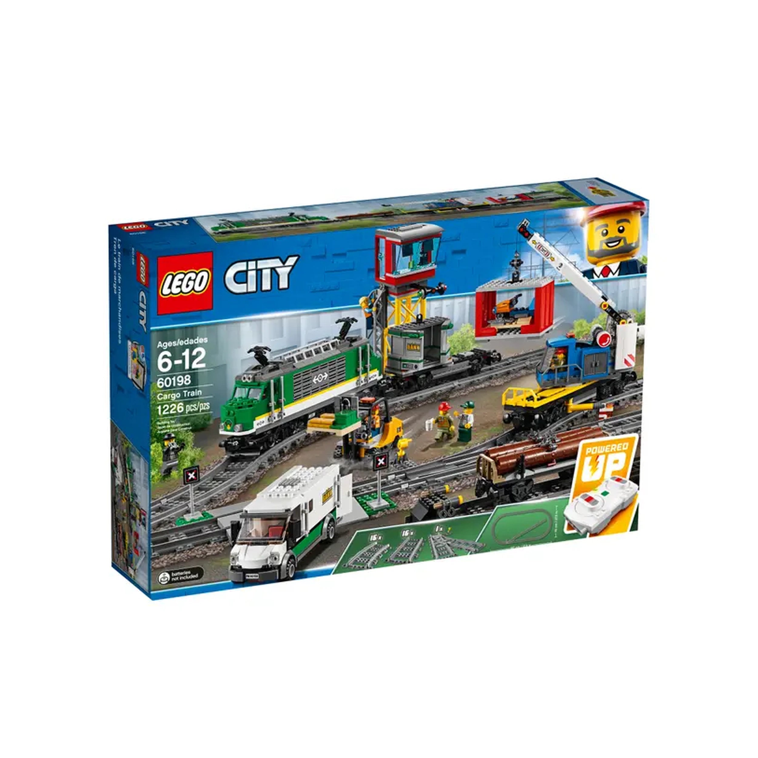 LEGO City Cargo Train construction set, featuring a motorized green engine, track, cargo cars, and mini-figures, displayed in a vibrant box.