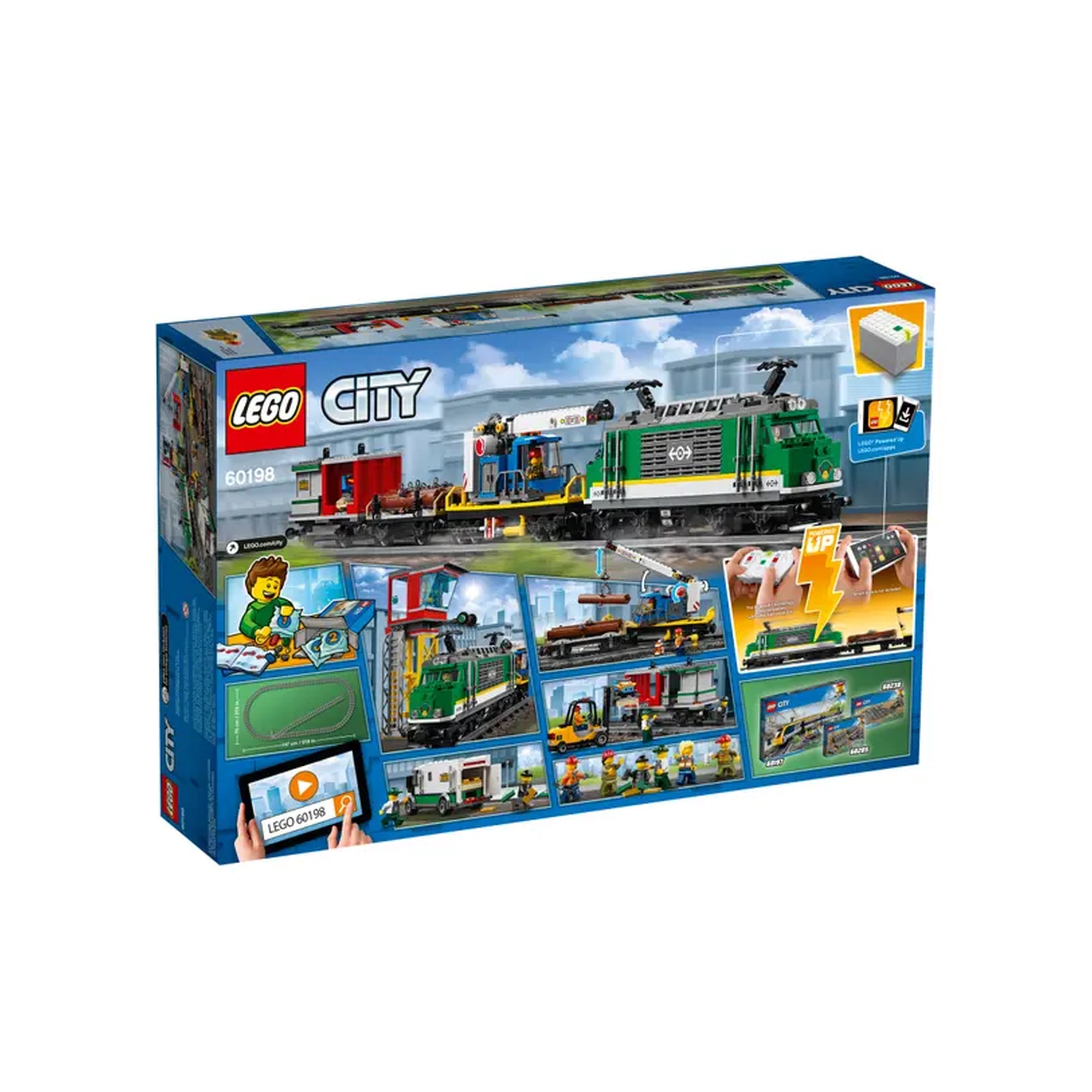 LEGO® City Cargo Train construction set box featuring a motorized engine with Bluetooth control, train cars, and minifigures.