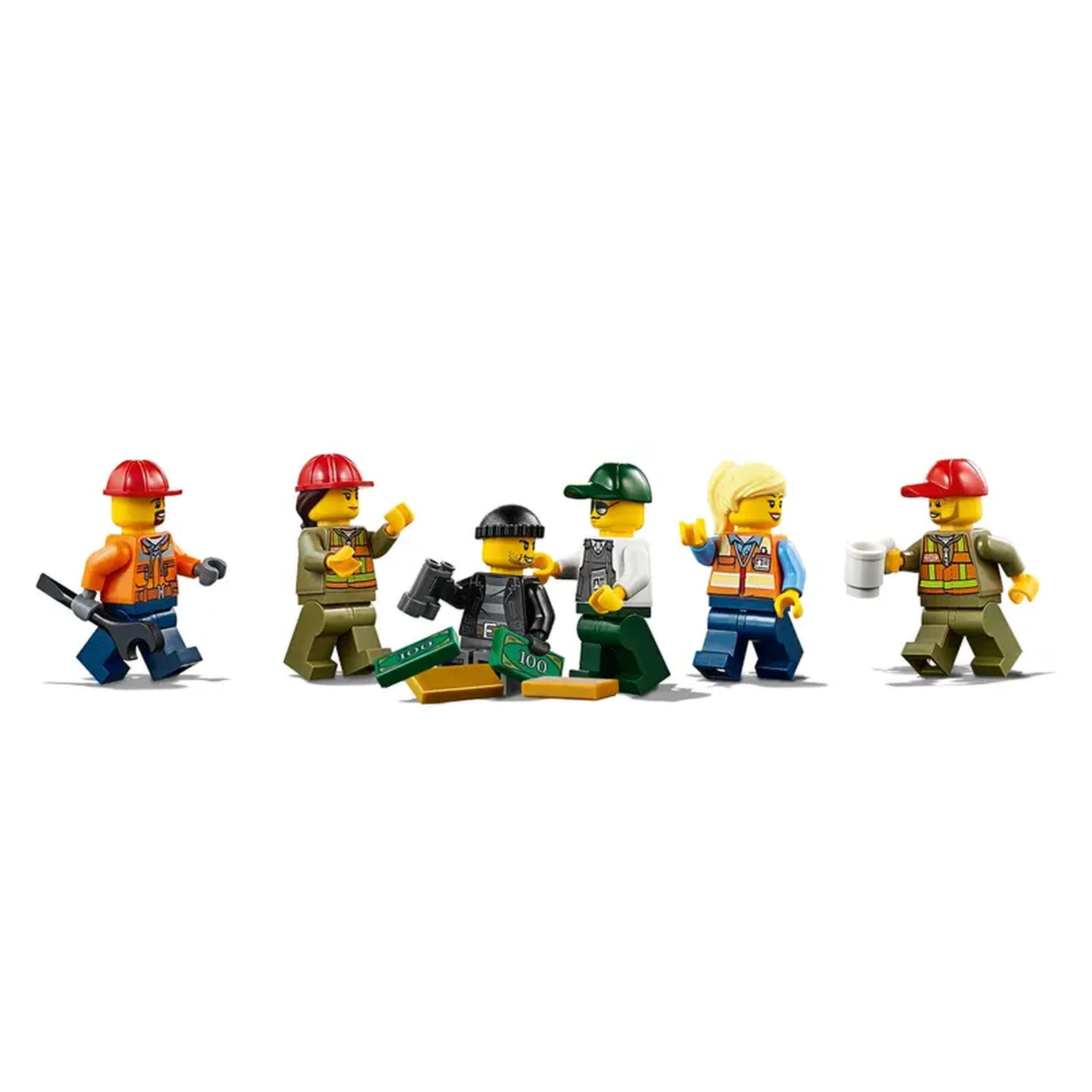 A diverse group of six LEGO construction worker mini-figures, each wearing safety gear, including red helmets and work uniforms, are interacting around boxes labeled with "100" while one figure holds a coffee cup, set against a white background.