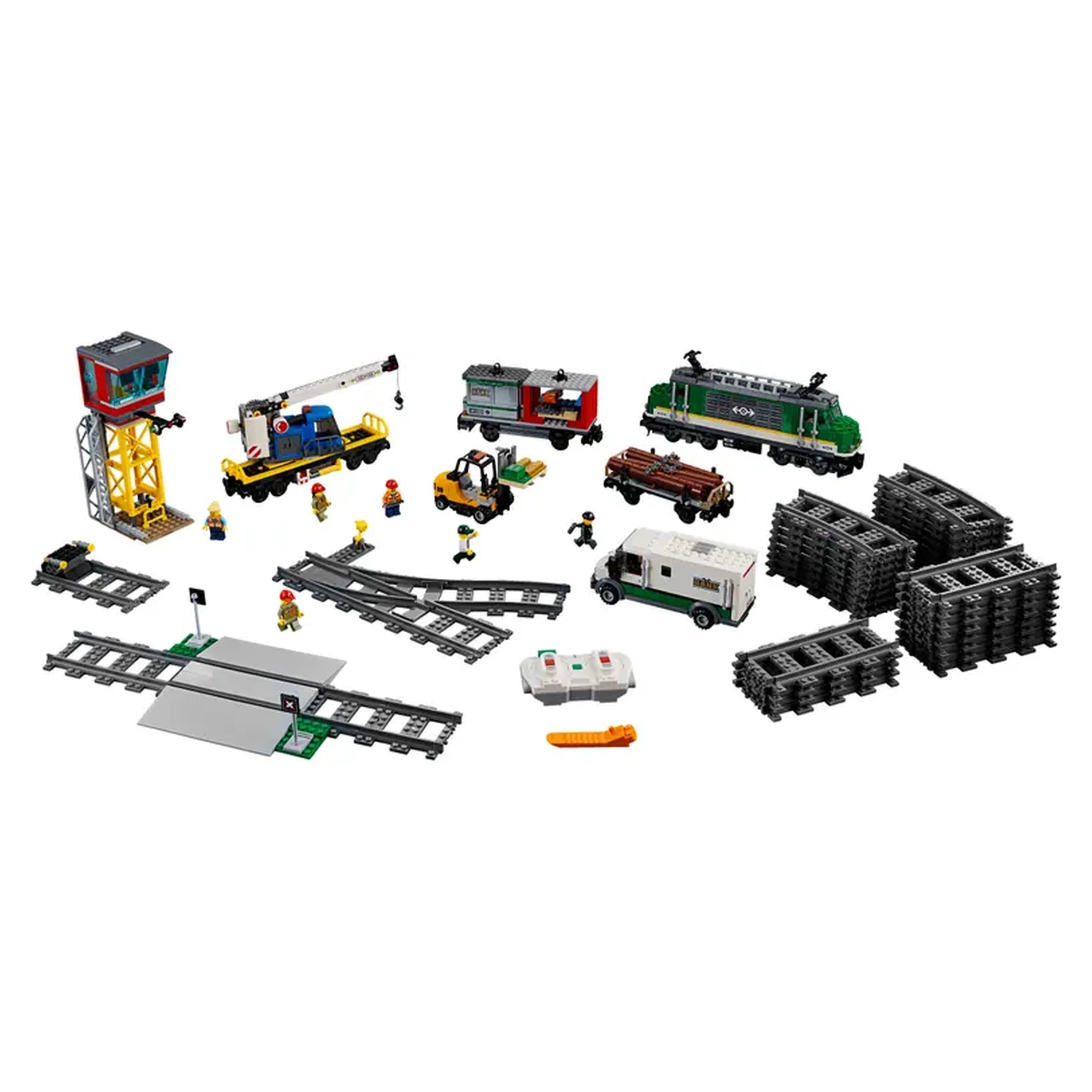 LEGO City Cargo Train construction set displaying a motorized engine, colorful vehicles, tracks, and mini-figures on a white background.