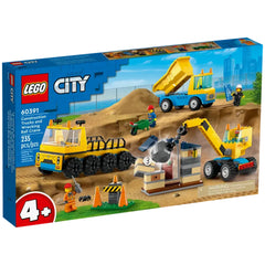LEGO City Construction Trucks and Wrecking Ball Crane set featuring three vehicles: a transporter, dump truck, and crane, with construction accessories and minifigures.