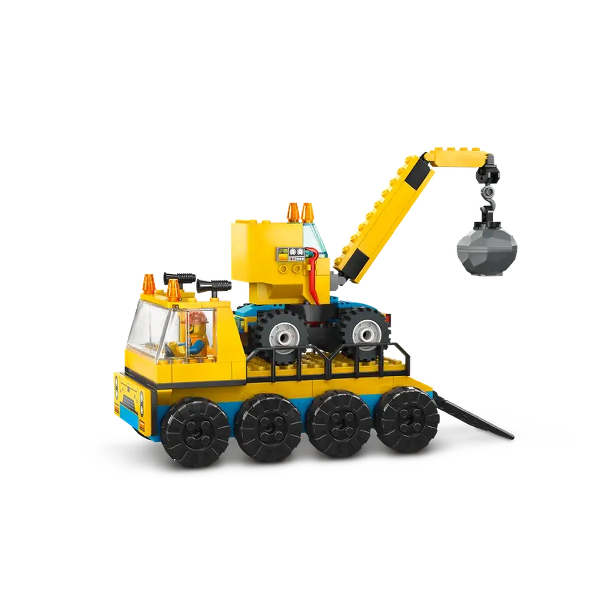 A yellow construction truck equipped with a wrecking ball crane, featuring four large wheels, a driver's cabin with a minifigure, and bright safety lights. The crane extends upward, holding a gray wrecking ball, ready for demolition play.