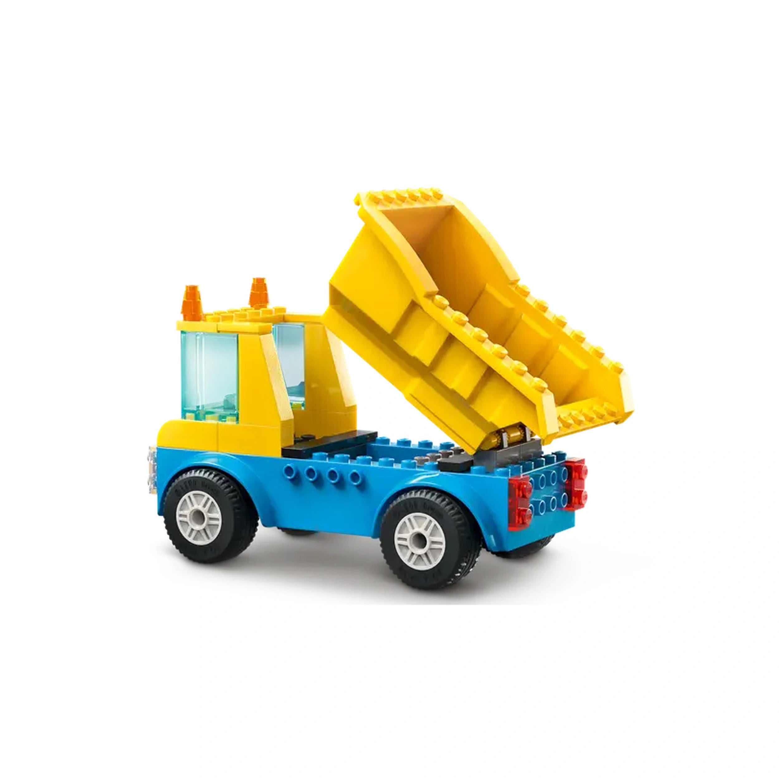 Blue LEGO dump truck with a yellow bed, positioned upright, showcasing its vibrant colors and realistic design, perfect for imaginative play.