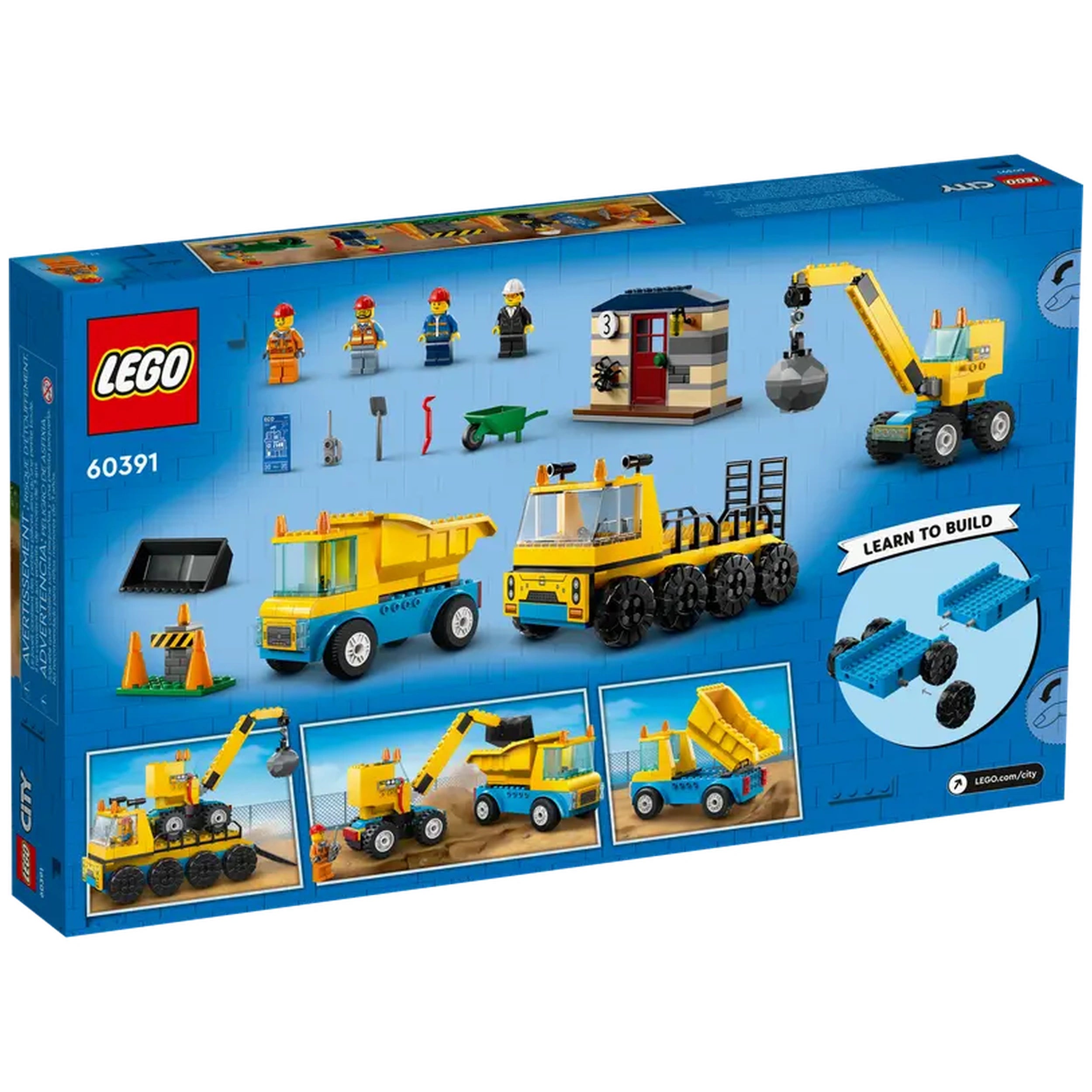 Colorful LEGO® City construction set box showcasing a dump truck, a wrecking ball crane, and three worker minifigures.