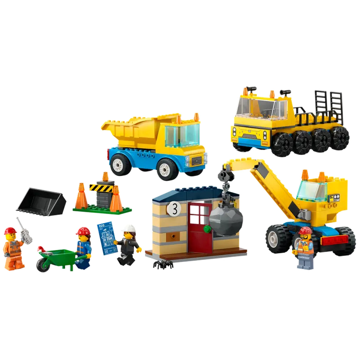 LEGO® City Construction set featuring a yellow dump truck, a wrecking ball crane, and a transporter, along with three worker minifigures and accessories. A derelict house with a red door is included, with colorful construction elements scattered around.