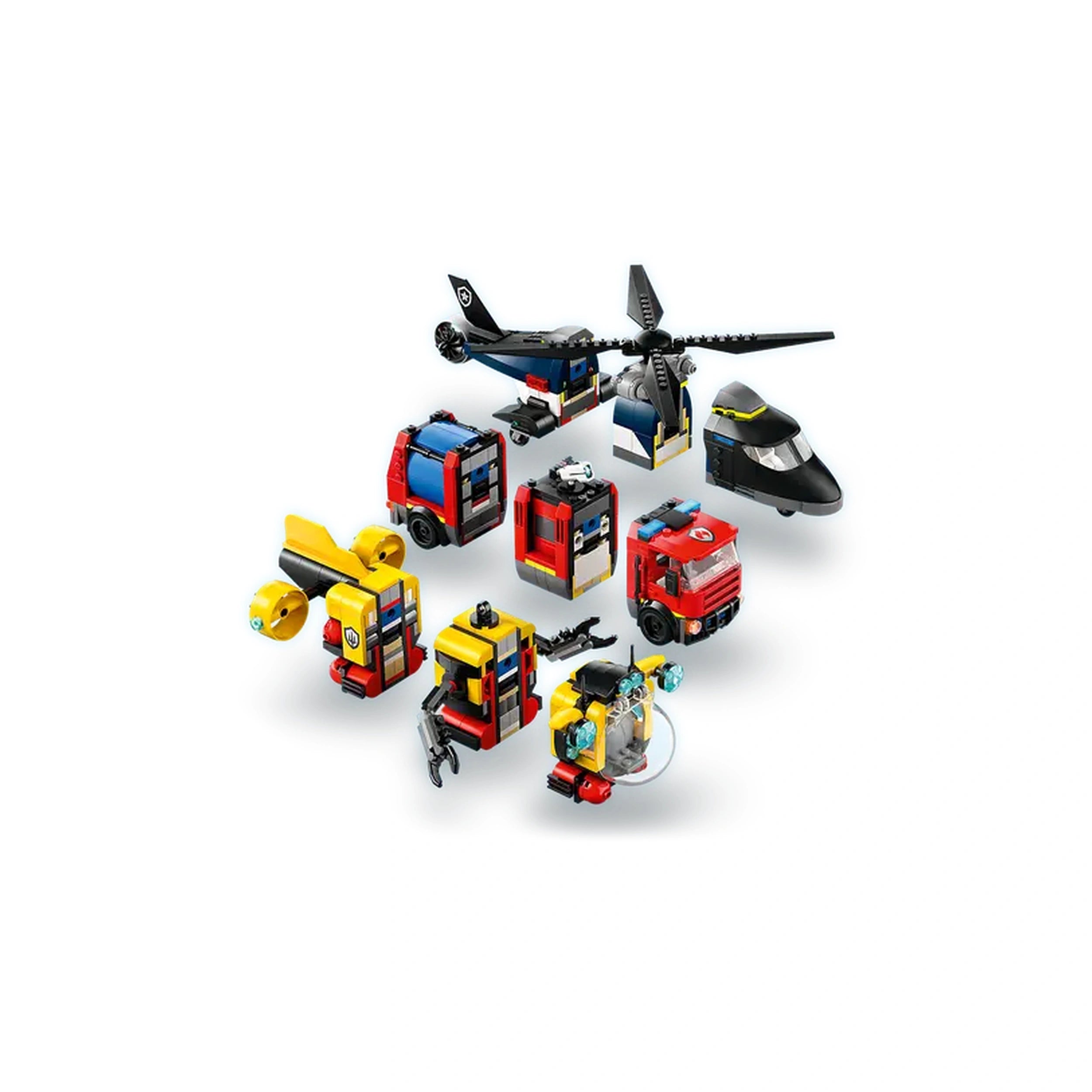 LEGO® City construction set featuring a helicopter, fire truck, submarine, and various accessories in vibrant red, yellow, and blue.