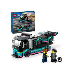 LEGO City Race Car and Car Carrier Truck set with two minifigures, featuring a sleek race car on a vibrant truck, colorful details.