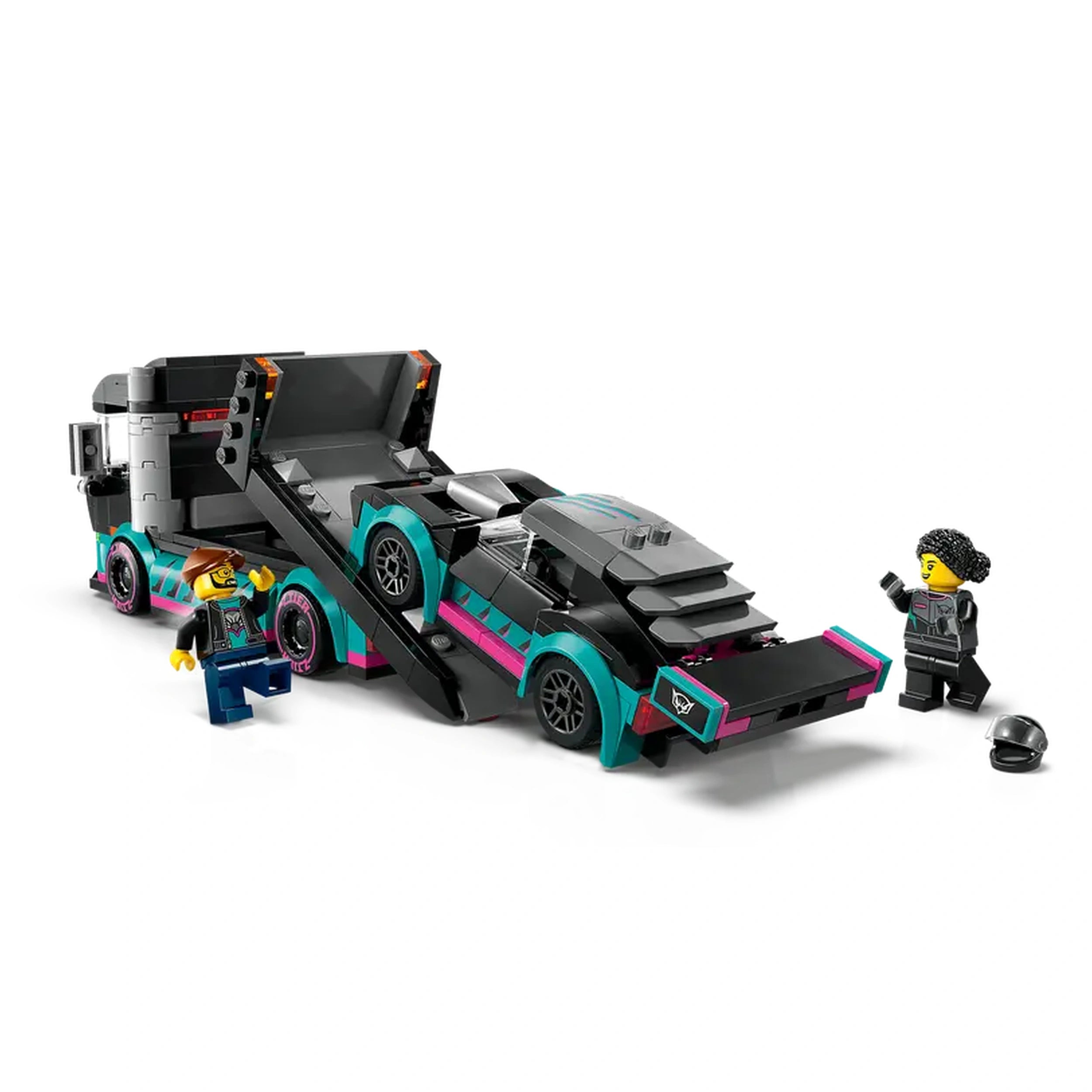 LEGO® City Race Car on a car carrier truck with a ramp. Two minifigures, a race driver and a truck driver, are interacting nearby.