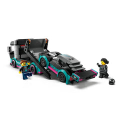 LEGO® City Race Car on a car carrier truck with a ramp. Two minifigures, a race driver and a truck driver, are interacting nearby.