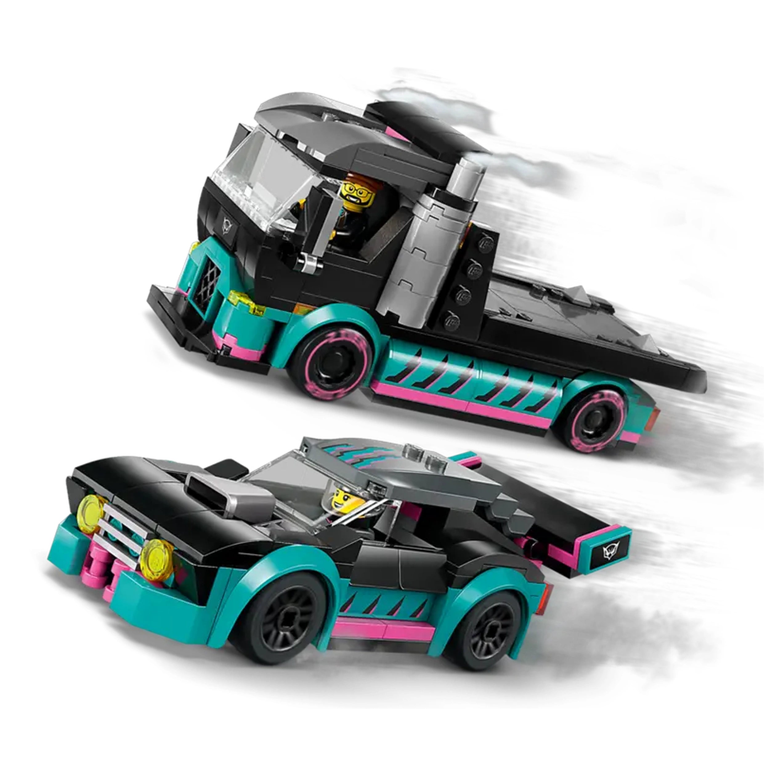 LEGO City Race Car and Car Carrier Truck set featuring a sleek black and teal race car with flared fenders and a matching truck, both showcasing vibrant details and minifigures ready for adventure.